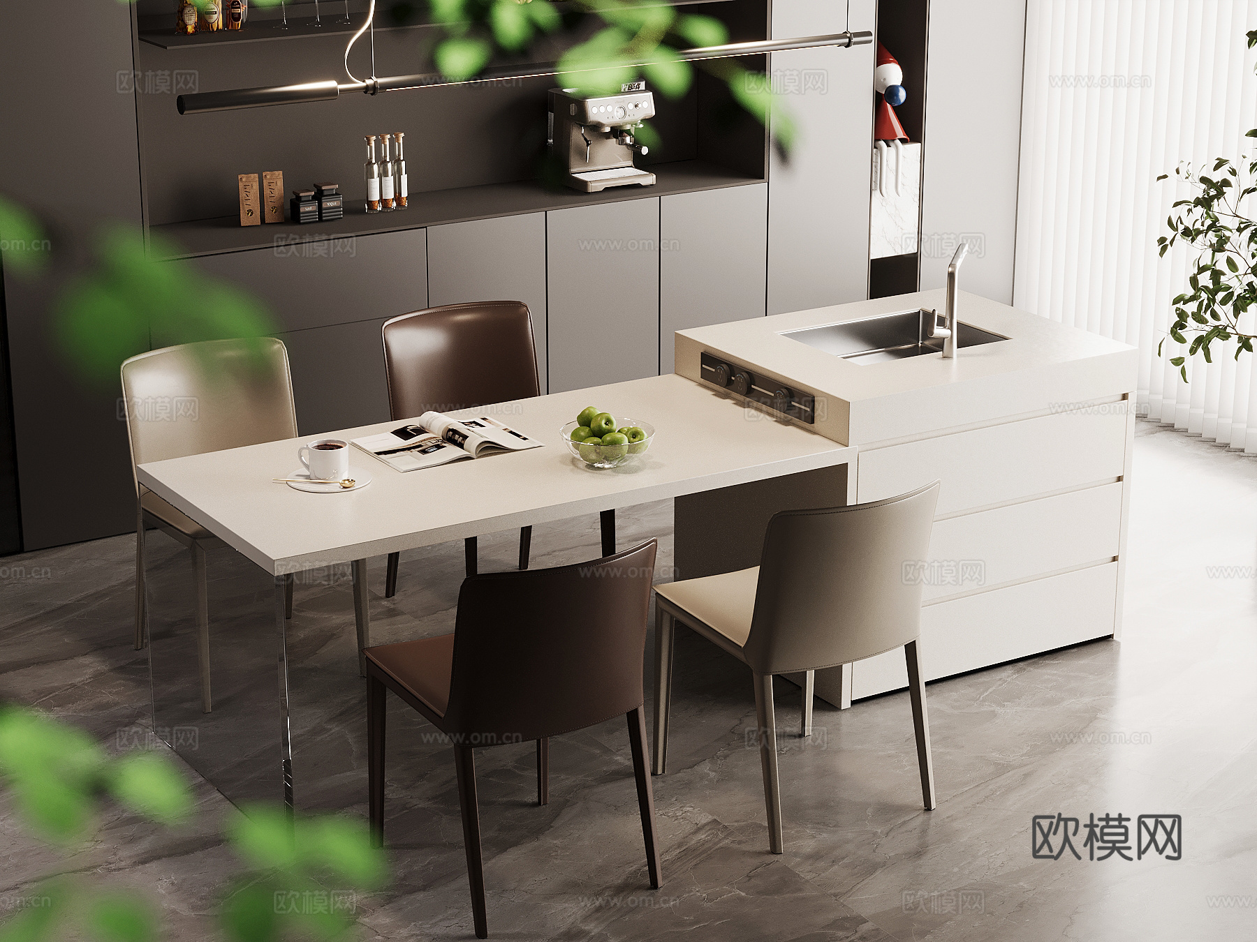 现代意式岛台 餐桌椅su模型
