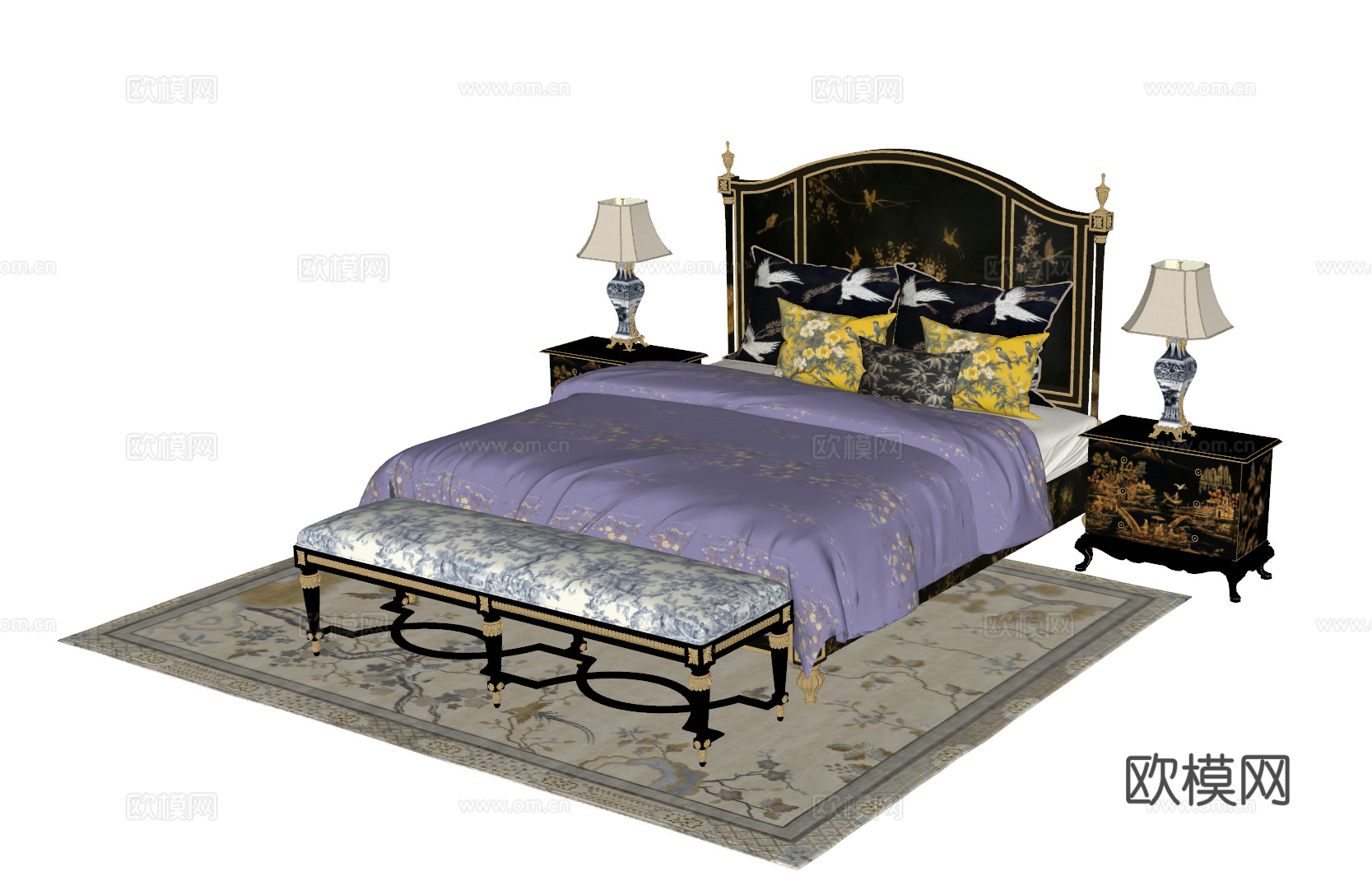 新中式复古床 美式复古双人床 复古床 欧式复古床 床头柜 中su模型