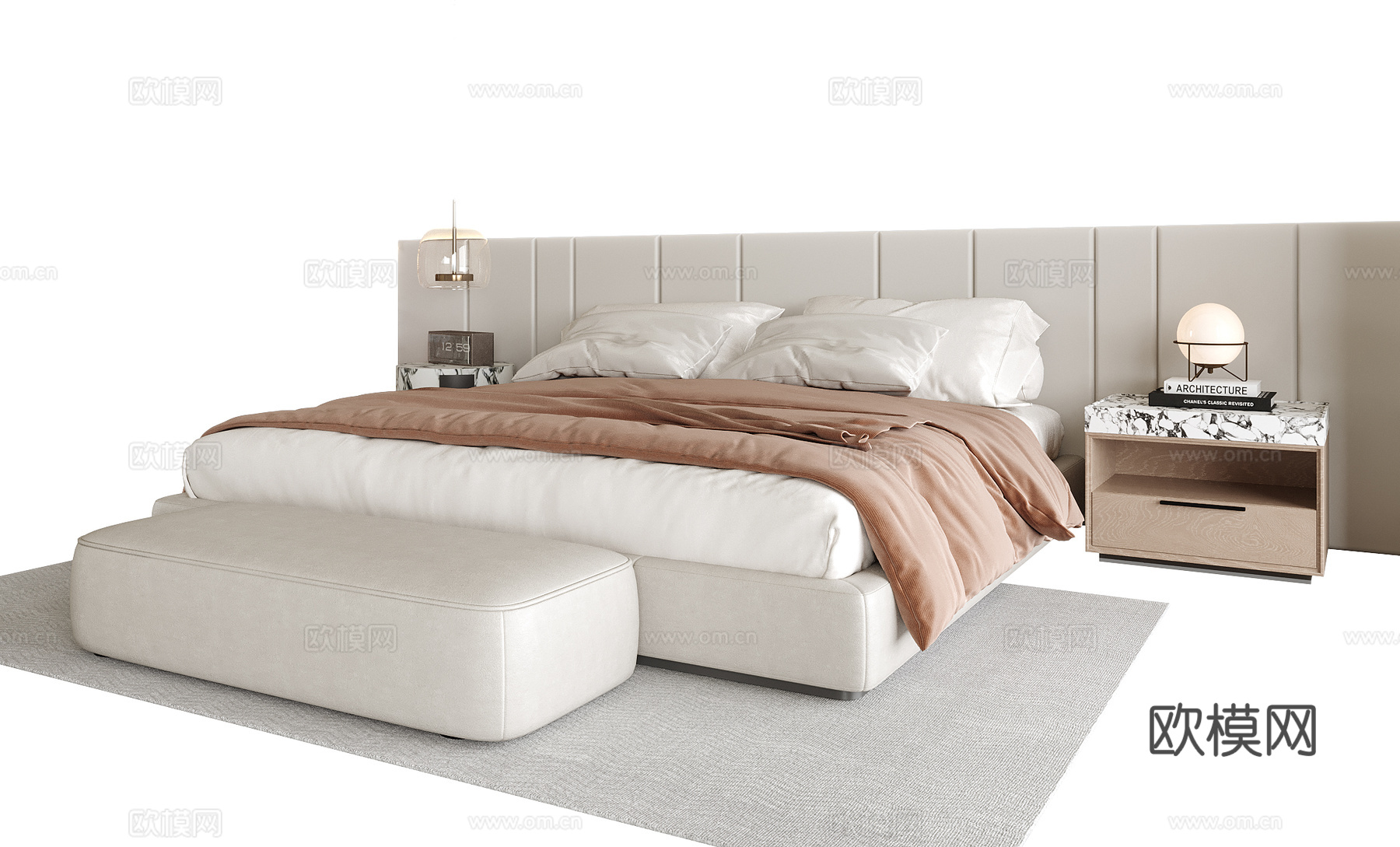 现代双人床 床尾凳 床头柜su模型