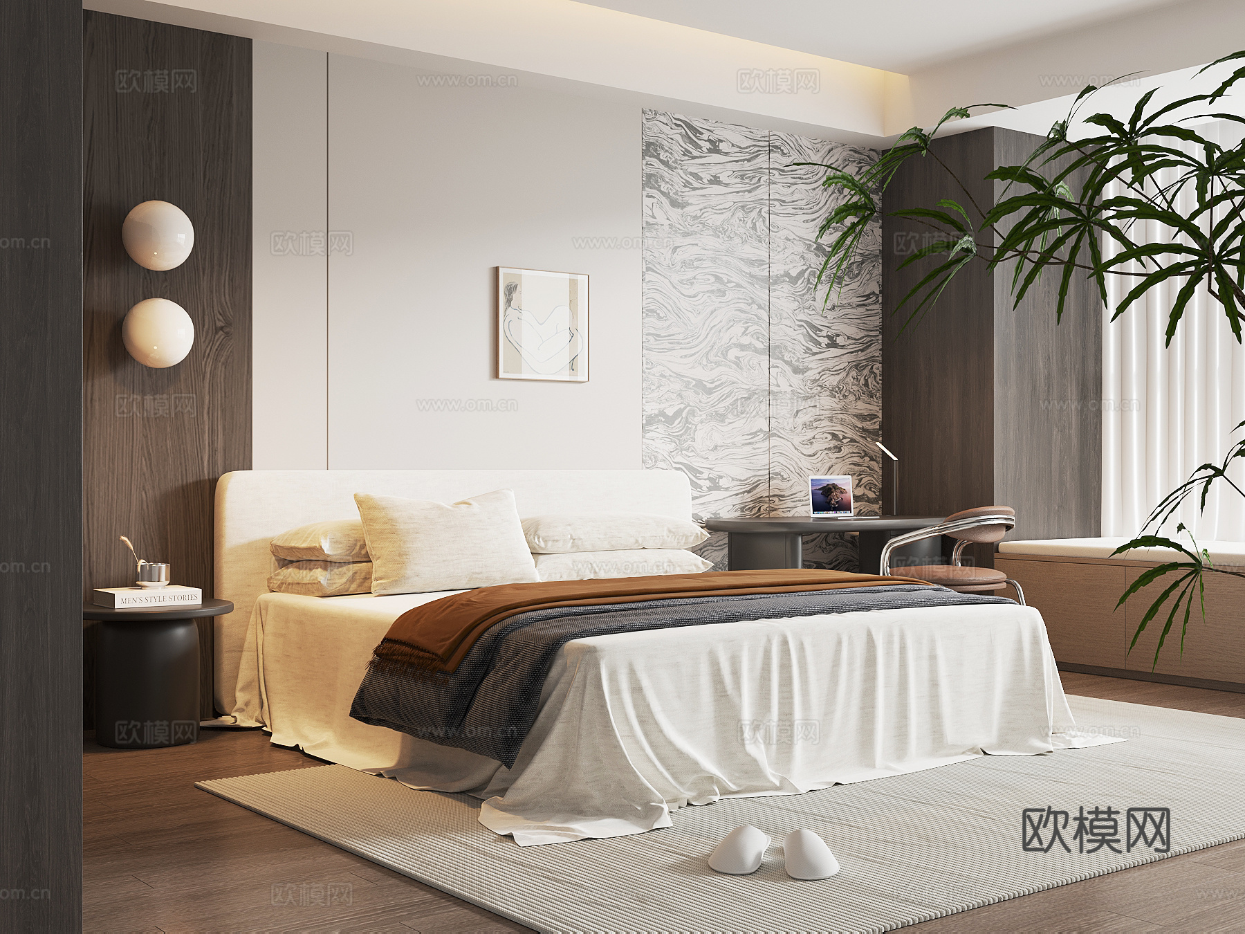 现代卧室 双人床 书桌椅su模型