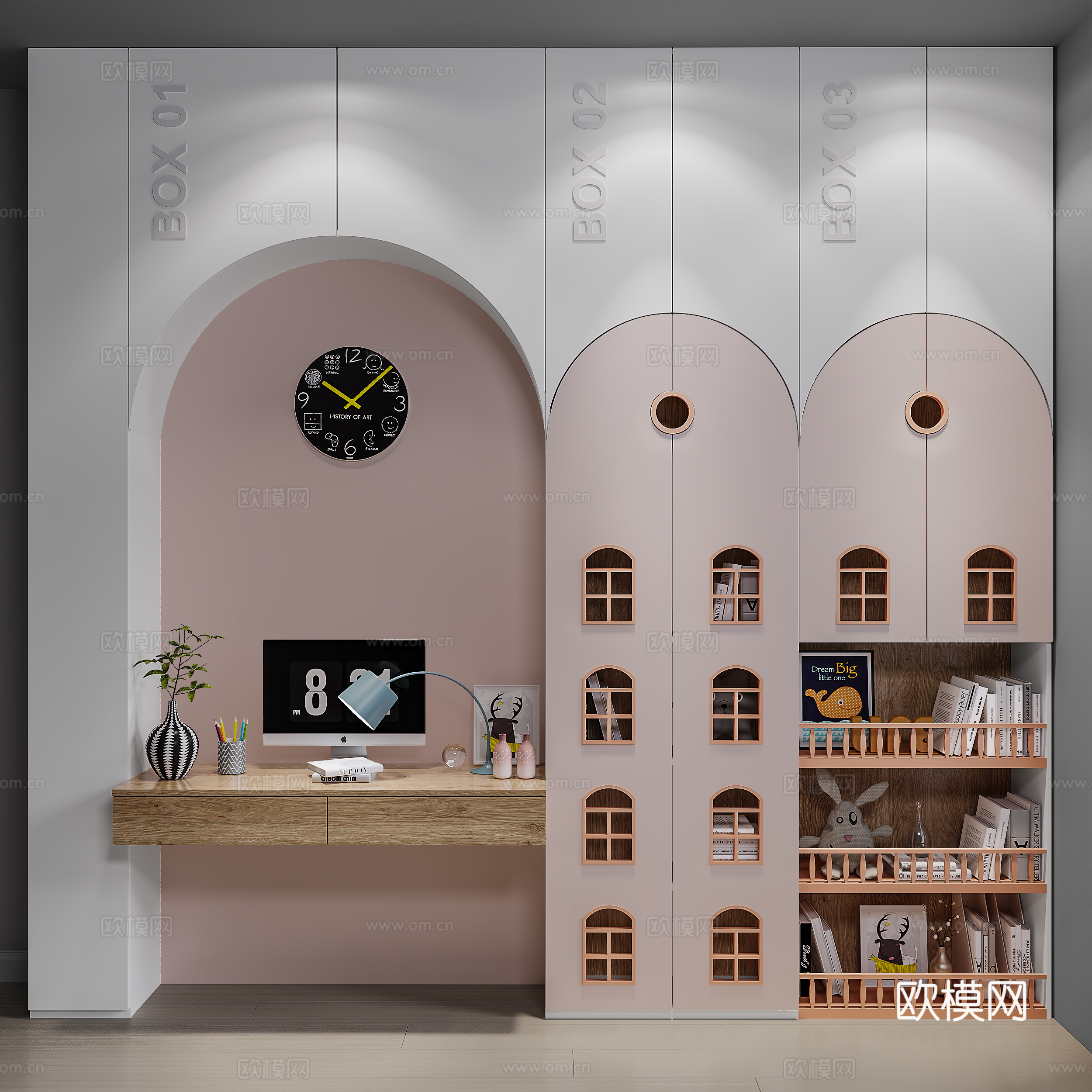 现代装饰柜 儿童书柜 书柜书桌  书箱装饰画挂钟su模型