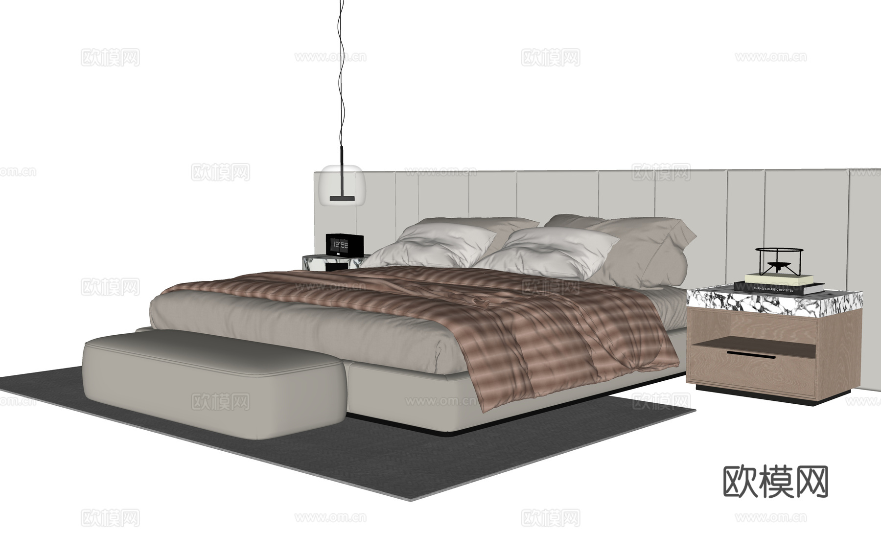 现代双人床 床尾凳 床头柜su模型