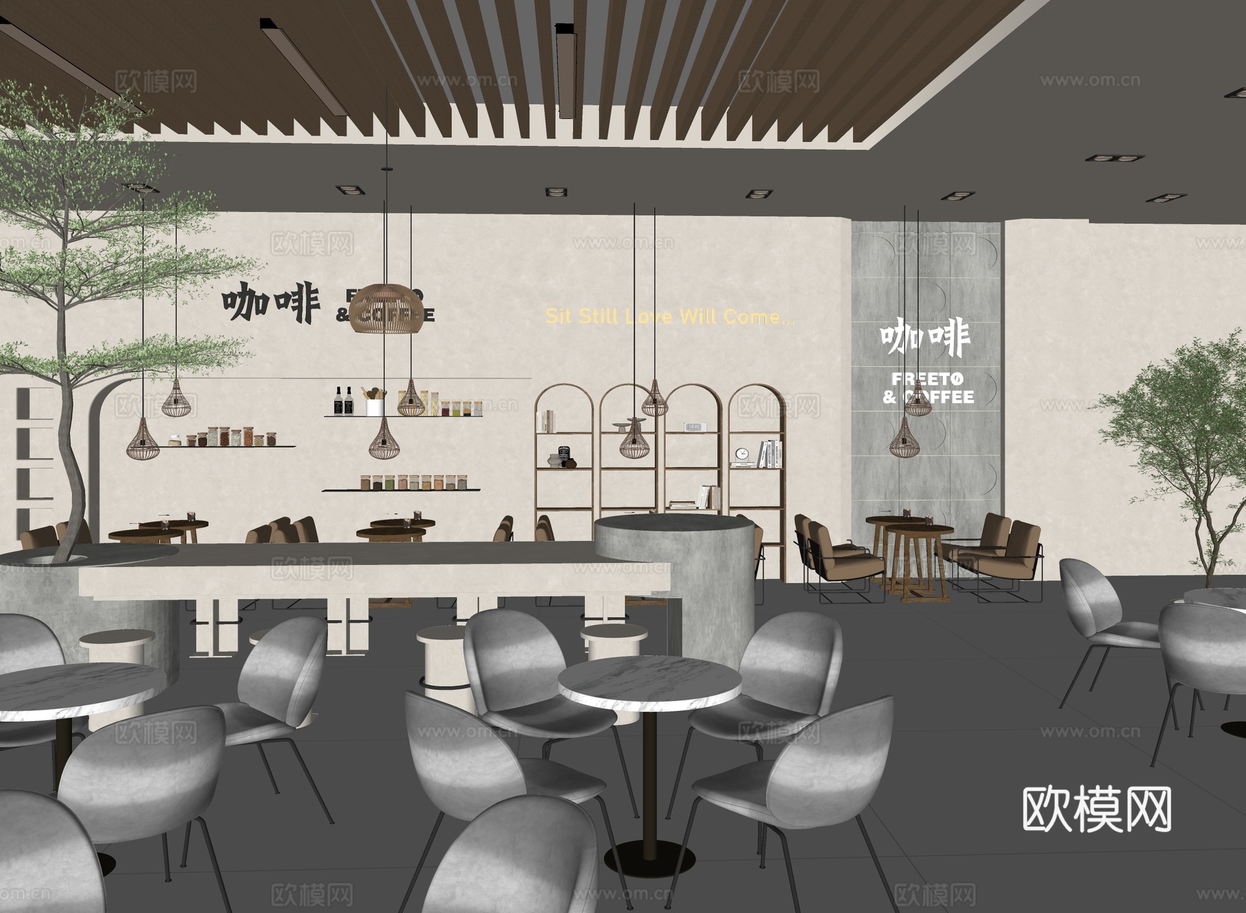 现代简约咖啡店 桌椅组合su模型