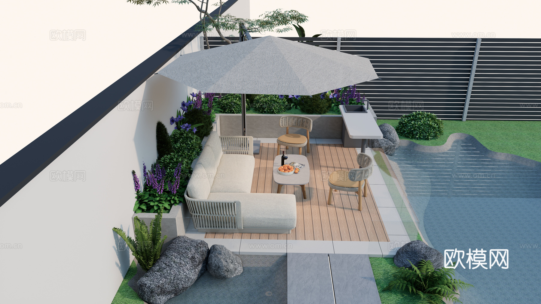 现代别墅庭院花园 鱼池水景 休闲平台 户外休闲转角沙发 茶几su模型