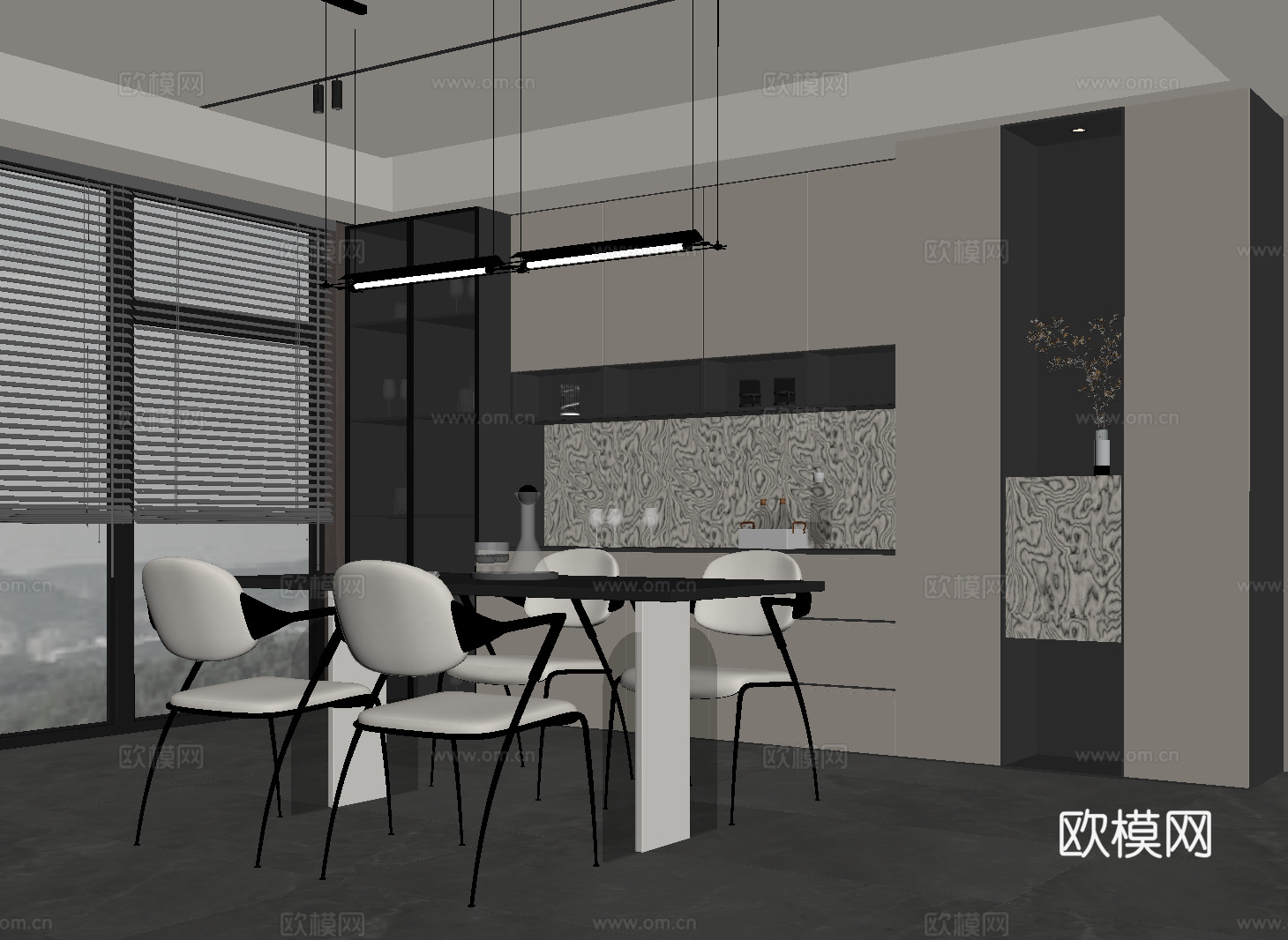 现代意式餐厅 酒柜 餐边柜 餐桌椅su模型