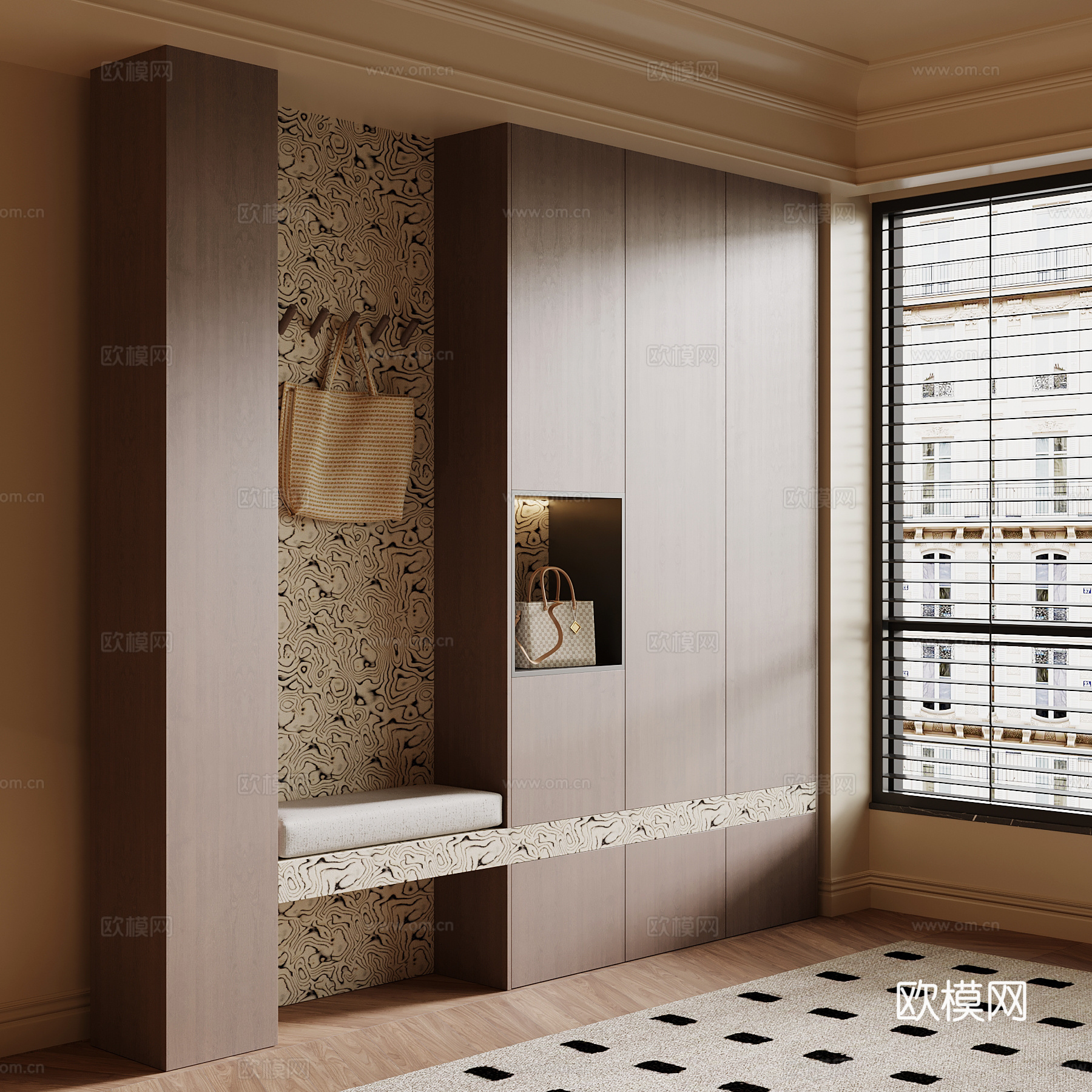 现代中古风玄关柜 入户鞋柜su模型