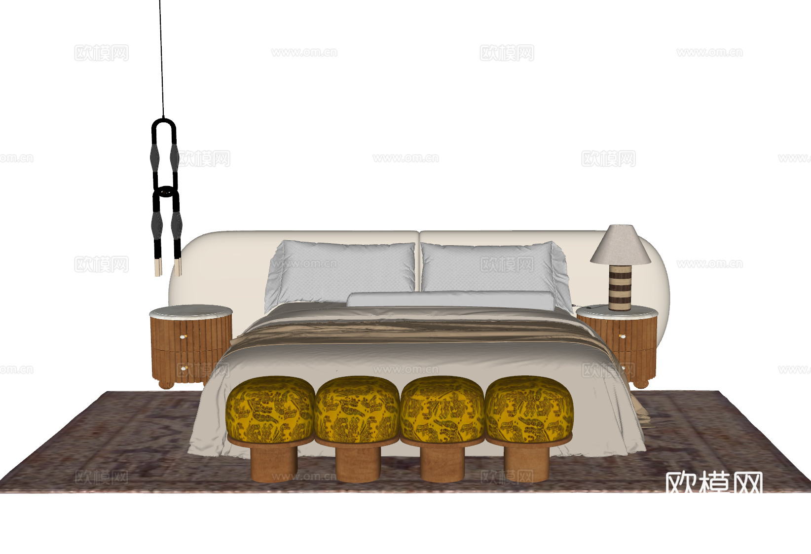 中古风双人床 中古床尾凳 中古风床 床su模型