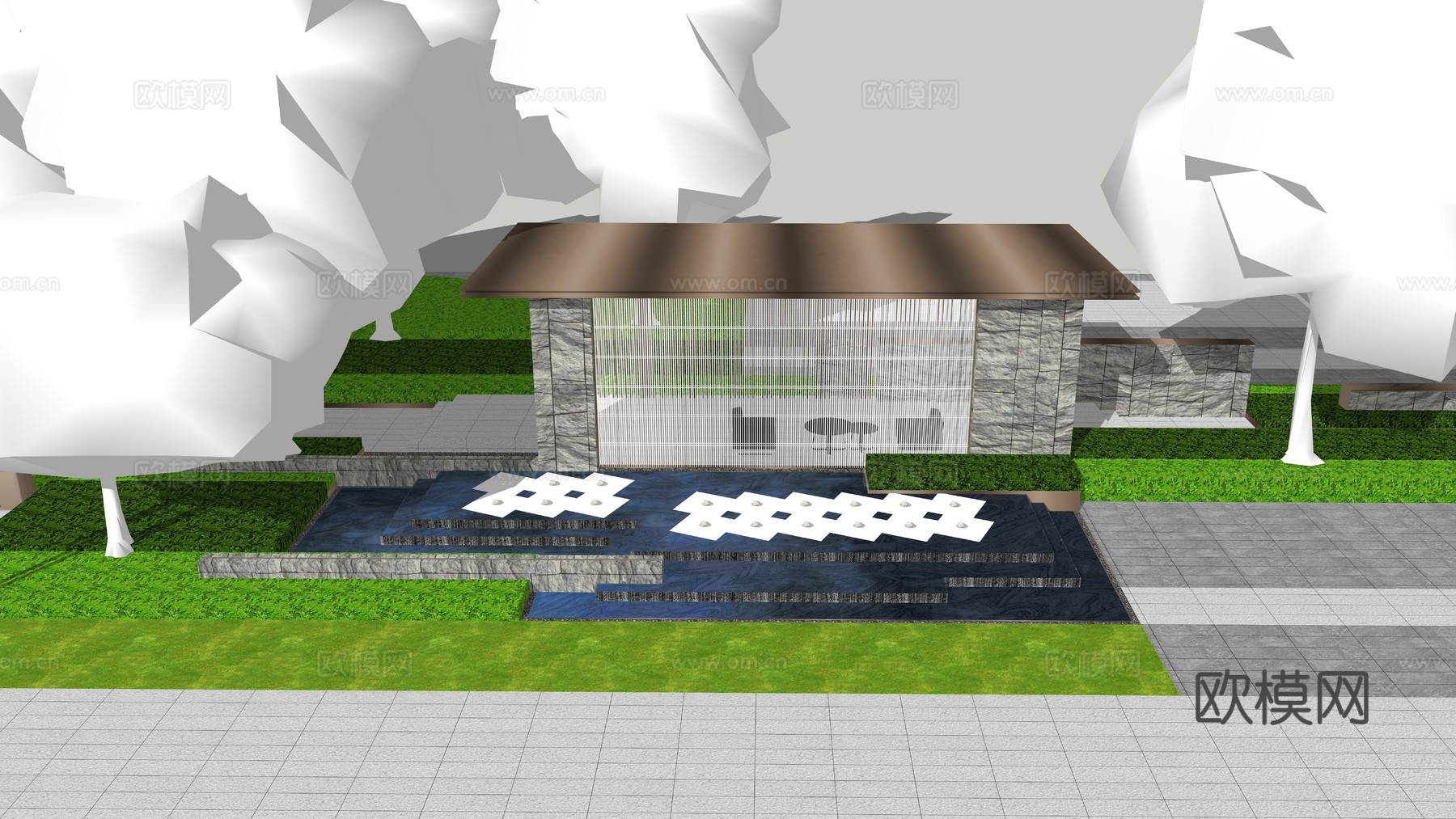 新中式廊架，跌水水景su模型