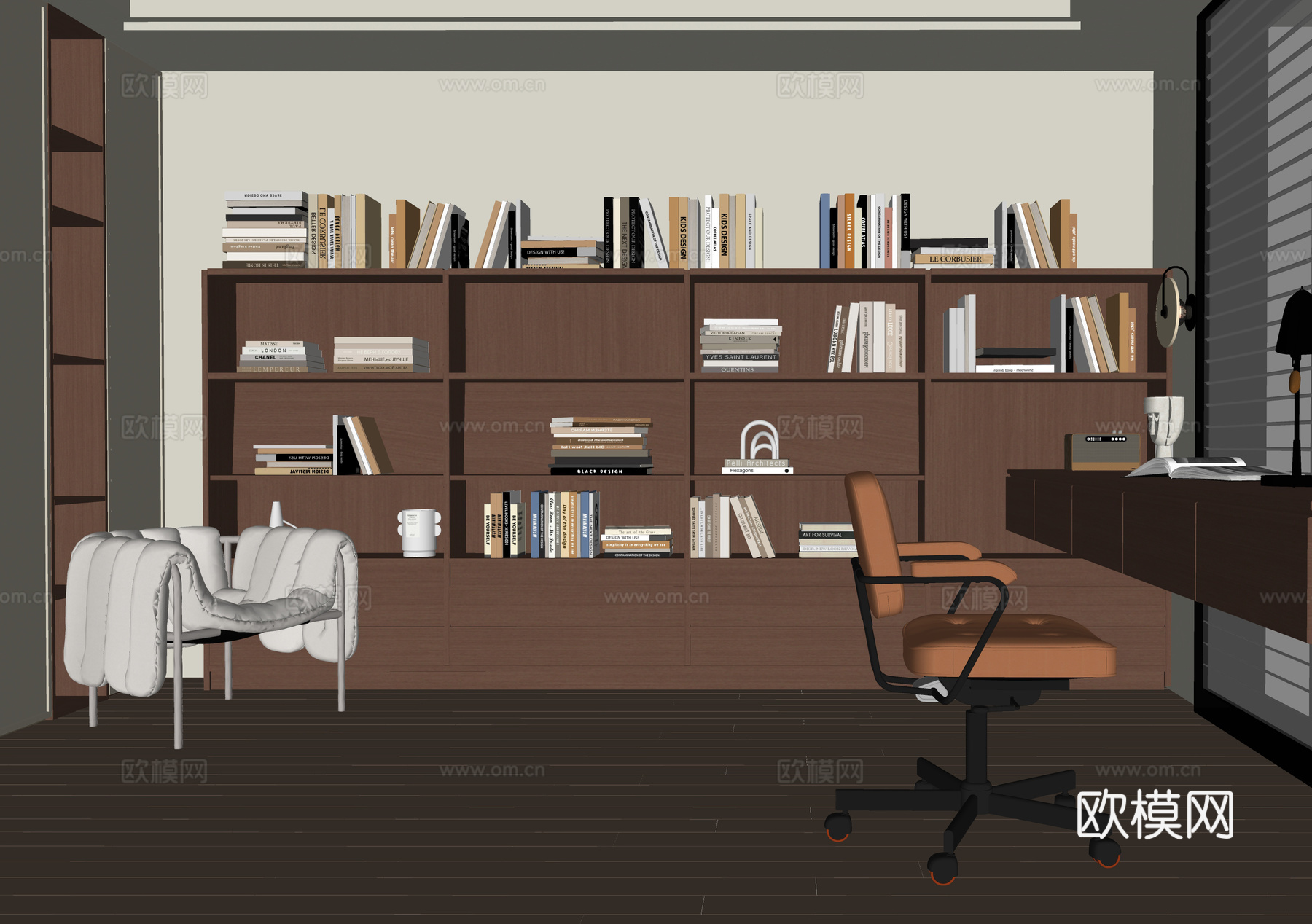 现代书房 书柜 书桌椅su模型