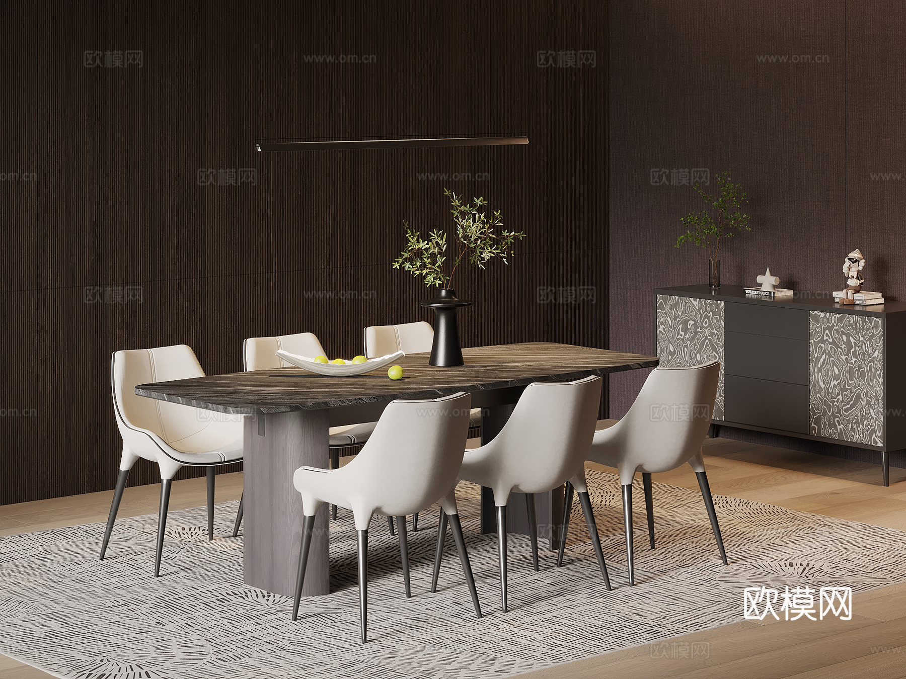 现代意式餐桌椅 餐边柜su模型