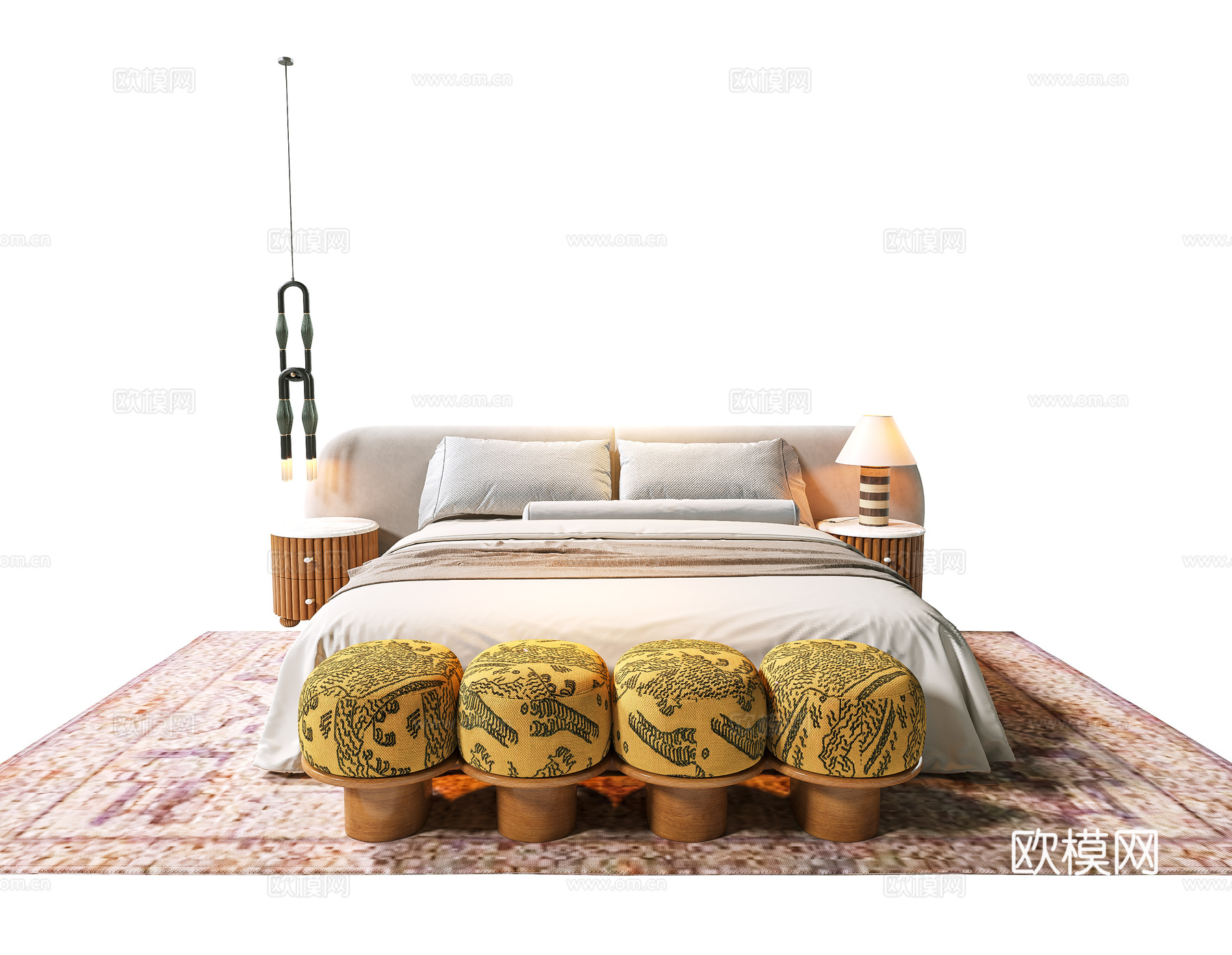 中古风双人床 中古床尾凳 中古风床 床su模型