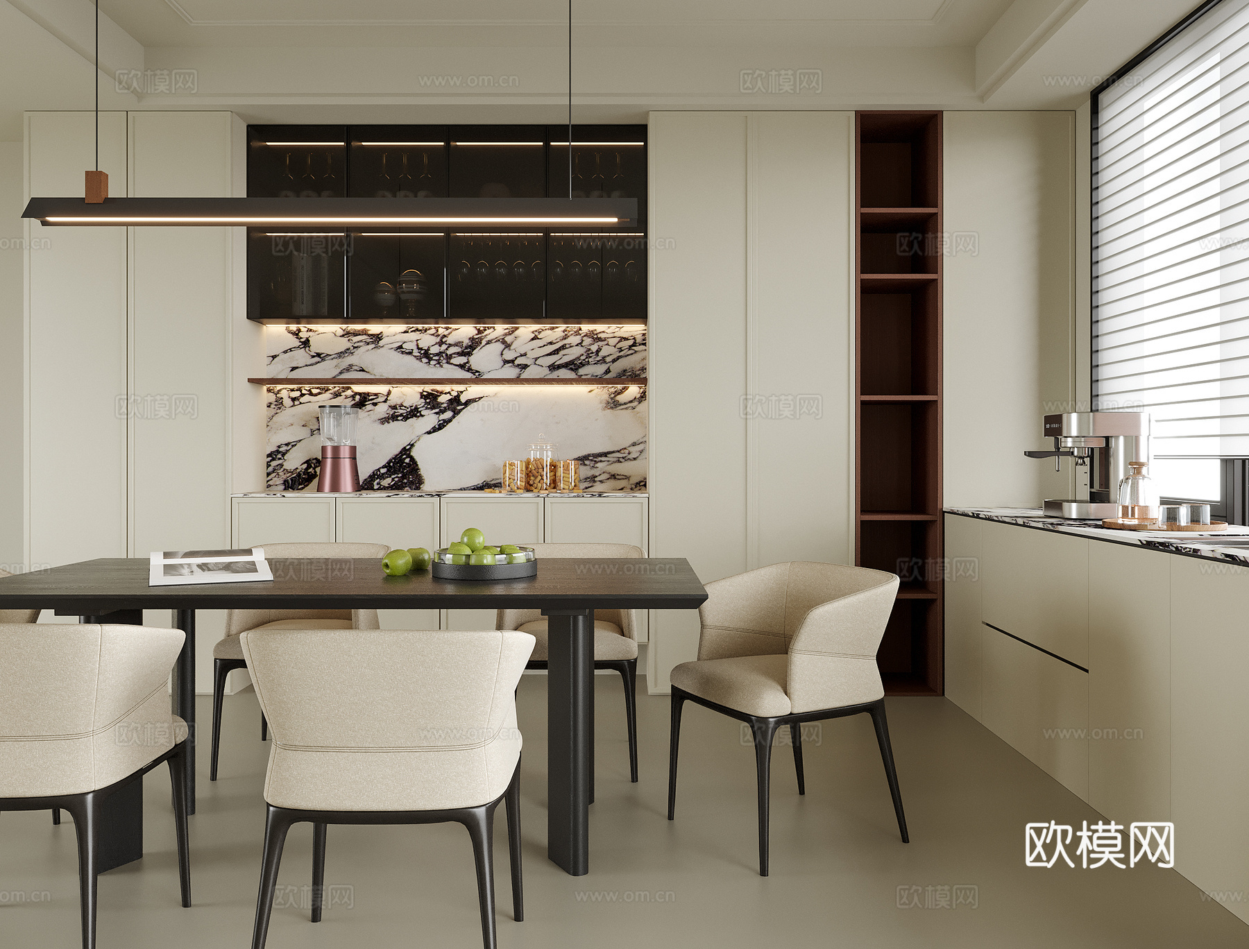 现代餐厅 餐桌椅 酒柜 餐边柜su模型