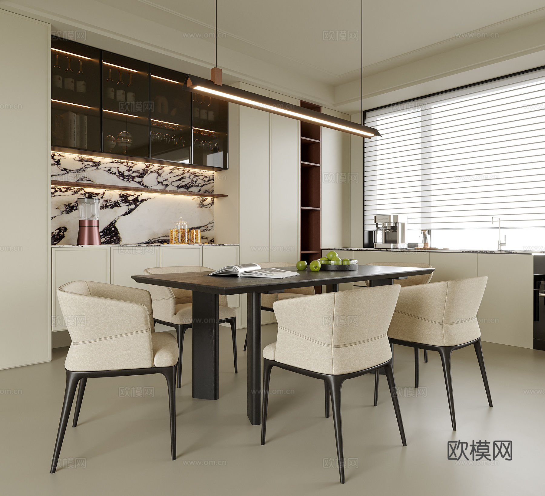 现代餐厅 餐桌椅 酒柜 餐边柜3d模型下载（渲染图1）