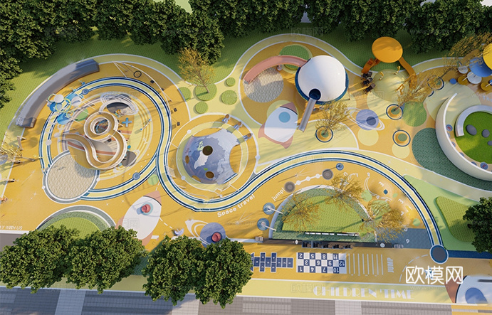 现代儿童乐园 星空主题乐园 游乐器材 滑滑梯 互动装置su模型