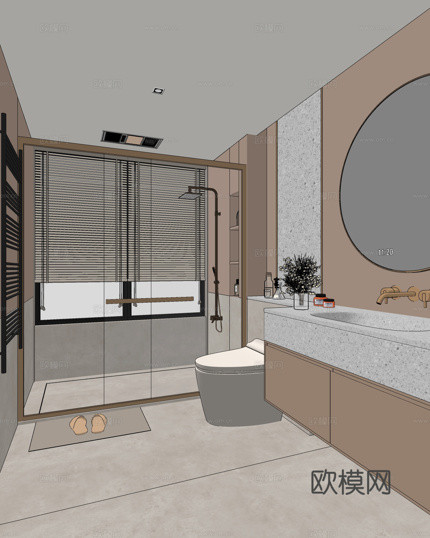 奶油风卫生间 马桶 花洒 洗手台 镜子 台盆柜su模型