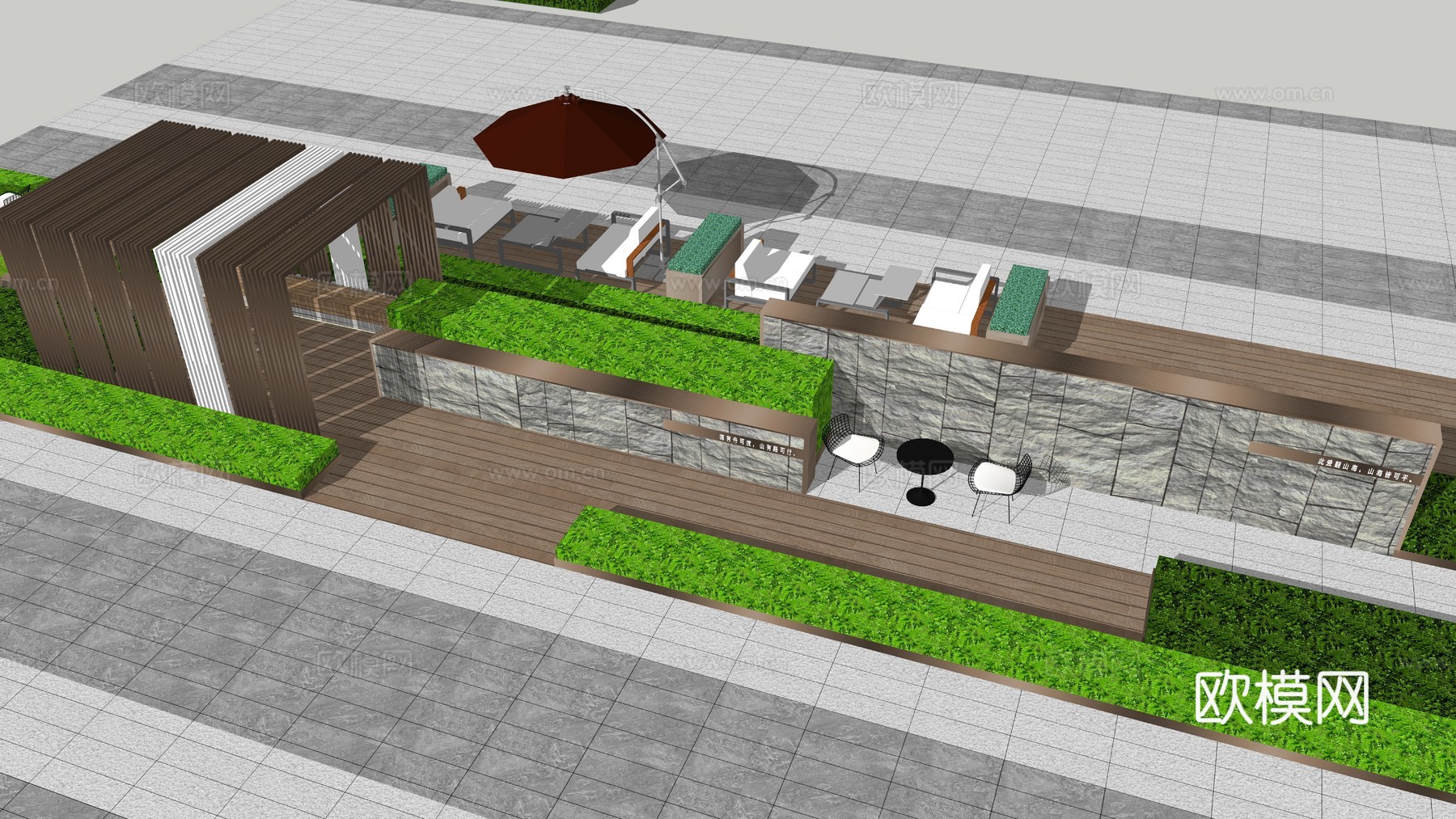 新中式廊架  矮景墙 户外座椅su模型