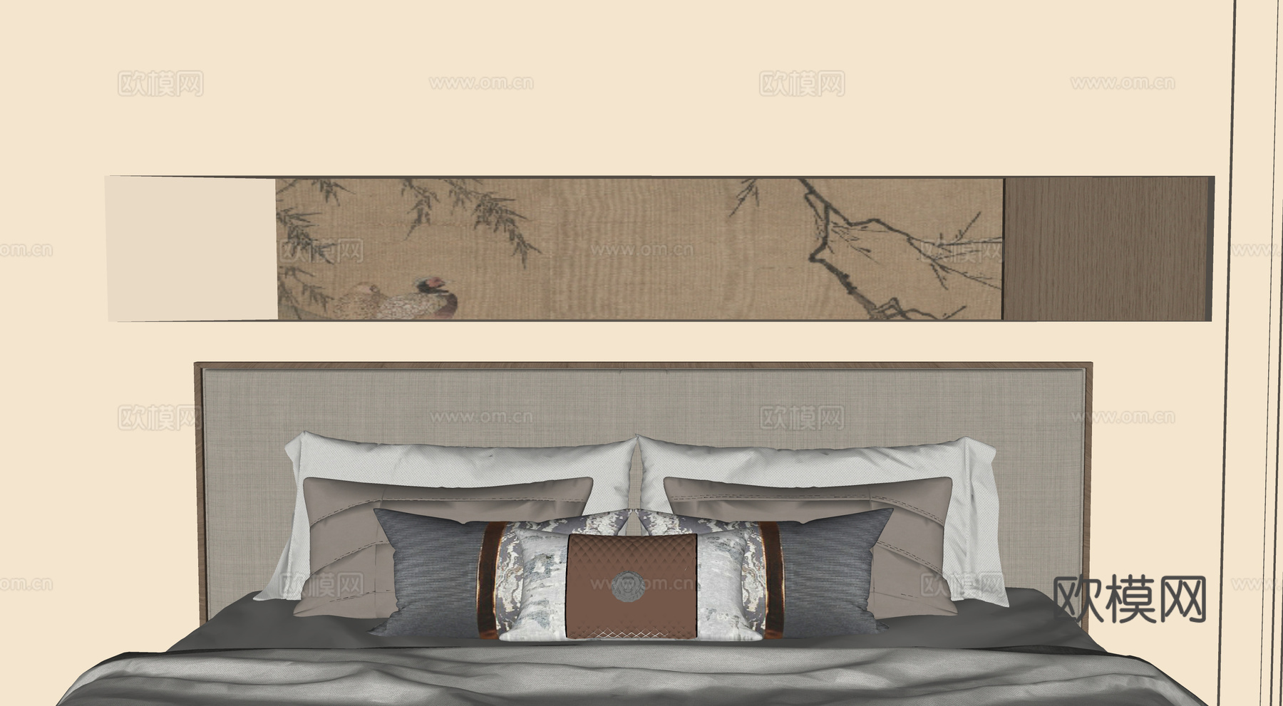 新中式床头背景墙 枕头su模型