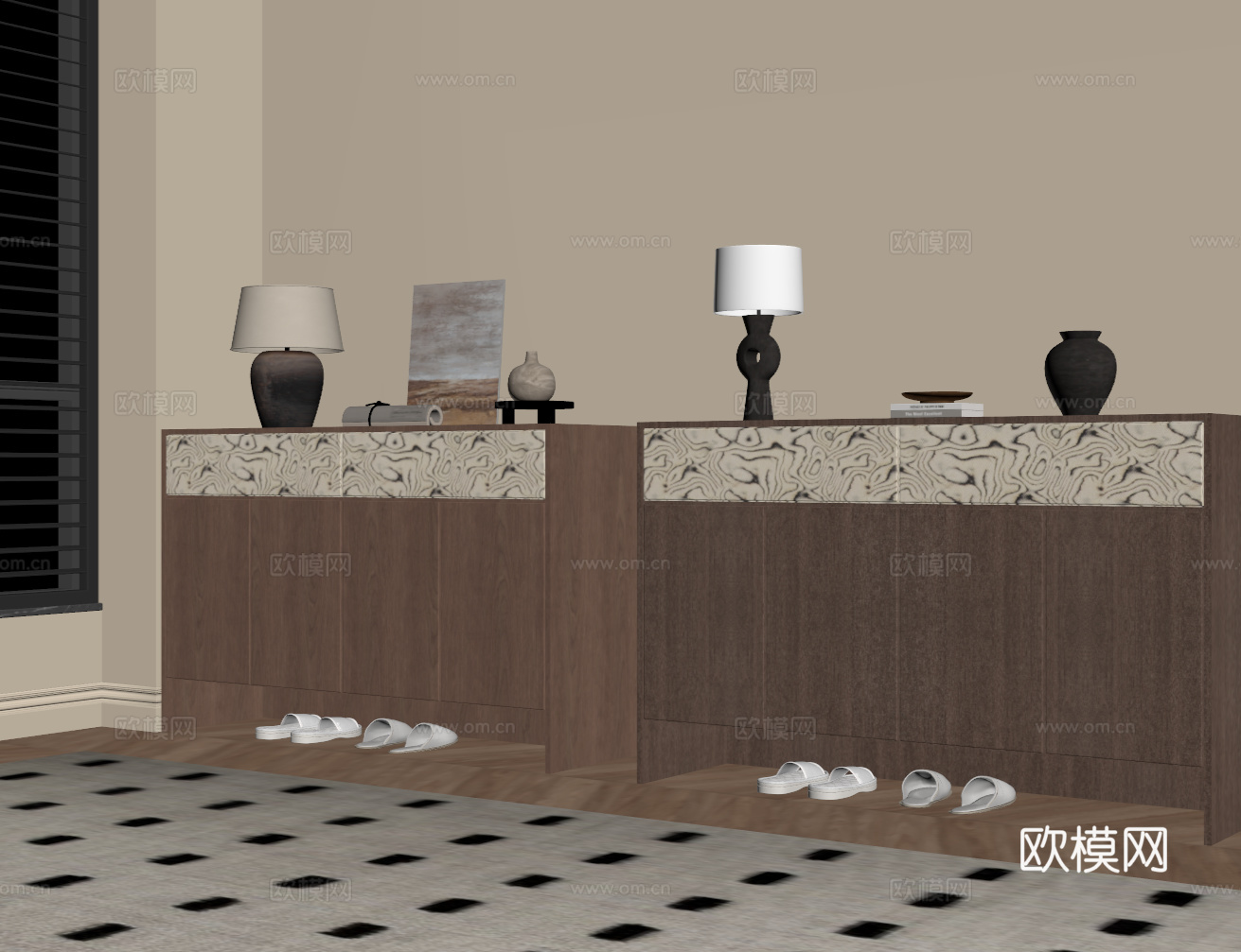 现代中古风鞋柜 入户玄关柜su模型