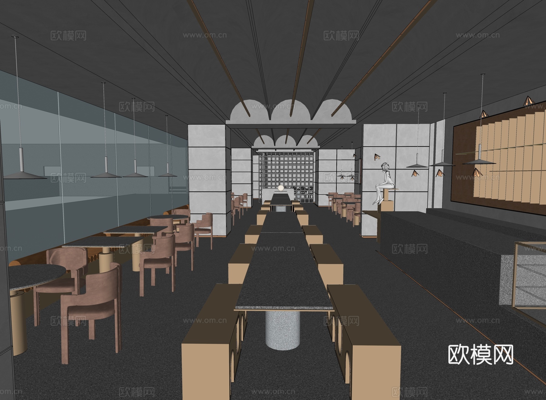 现代简约咖啡厅 餐桌椅组合su模型