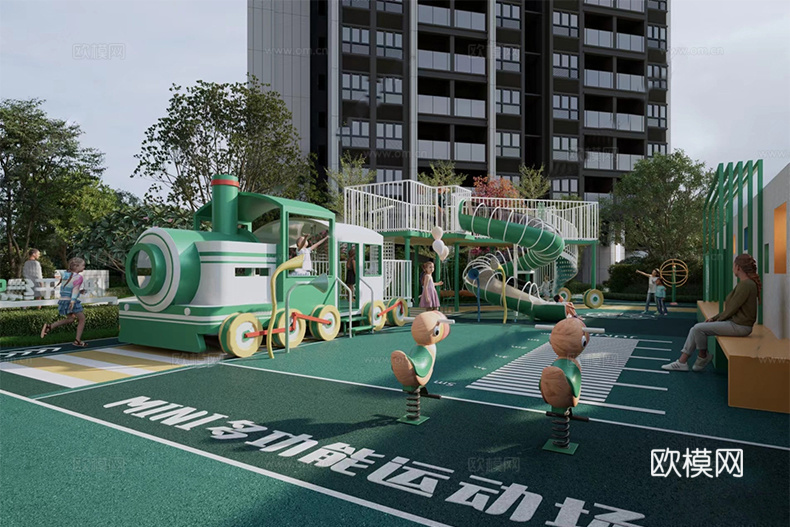 现代户外儿童游乐区 火车主题游乐场su模型