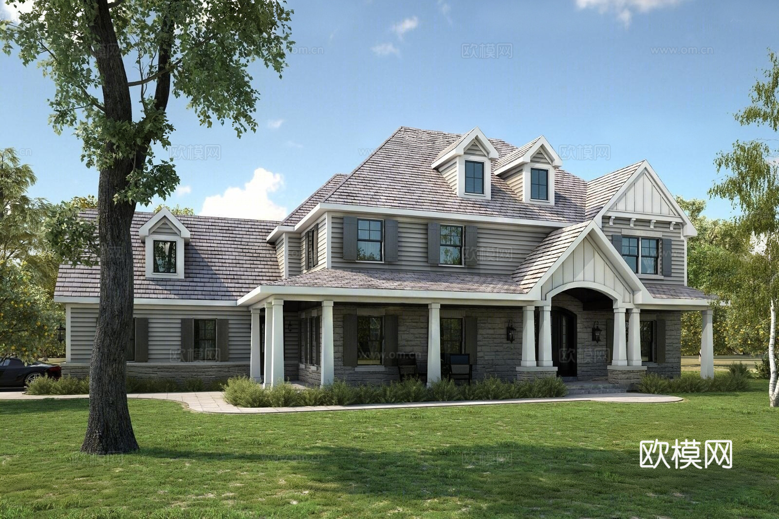 美式别墅外观3d模型下载