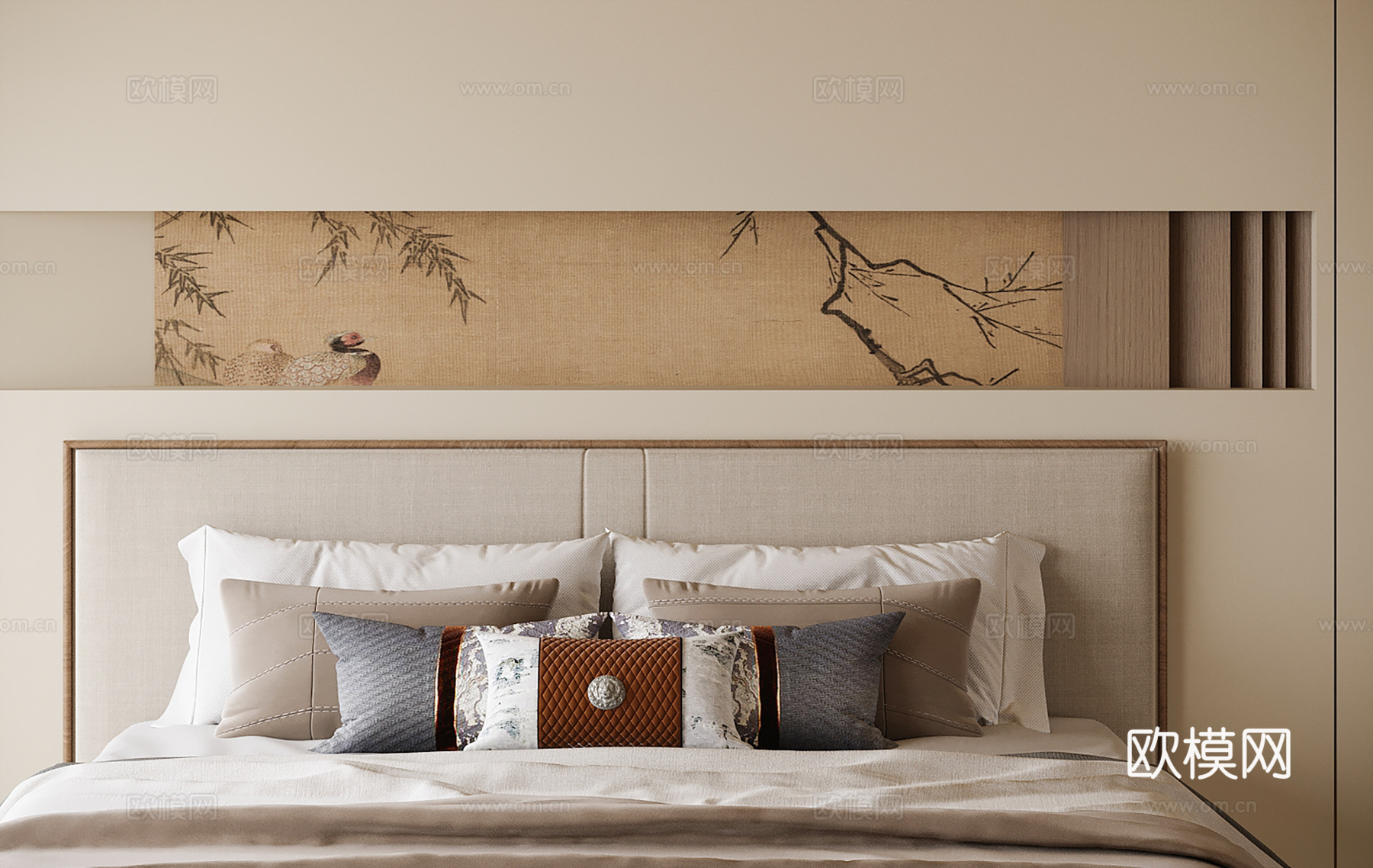 新中式床头背景墙 枕头su模型