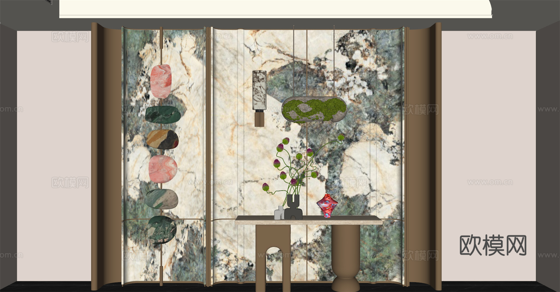 现代玄关背景墙 玄关过道 端景台 艺术装置 石头挂件 花瓶花su模型