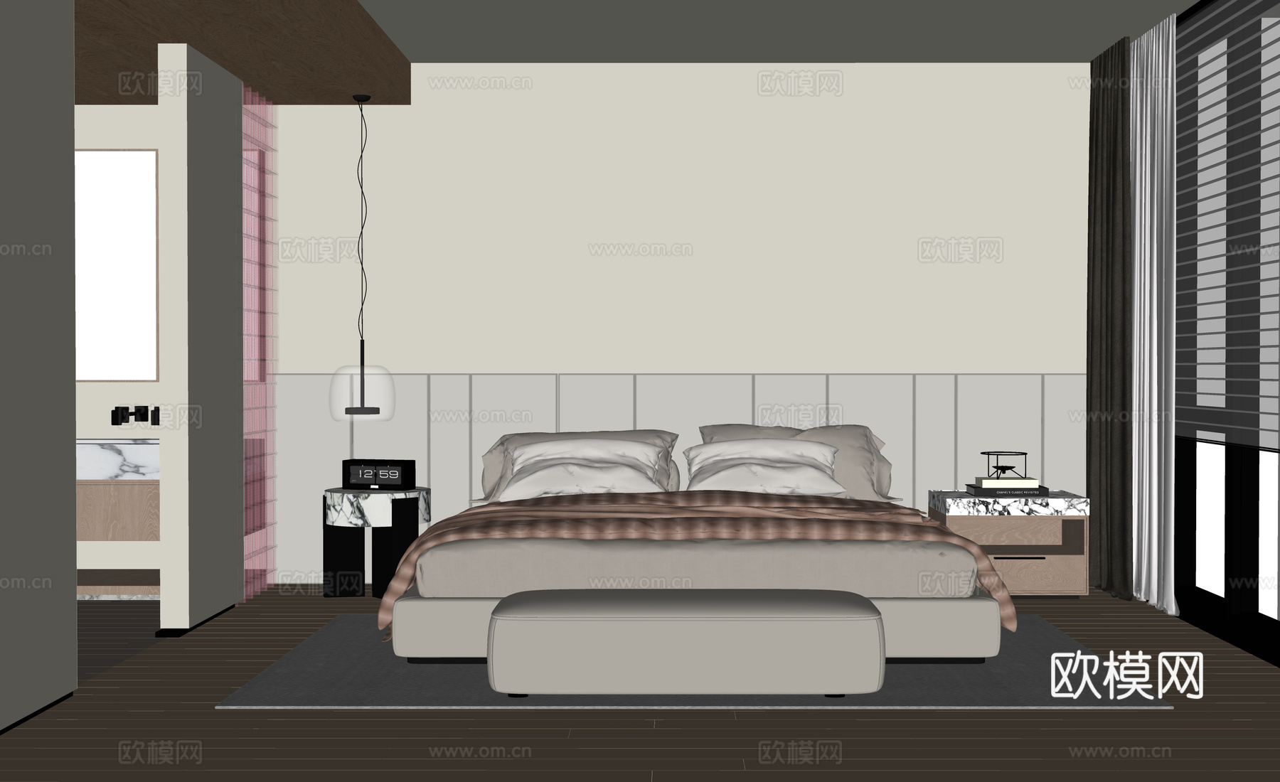 现代卧室 双人床 床头柜 床尾凳su模型