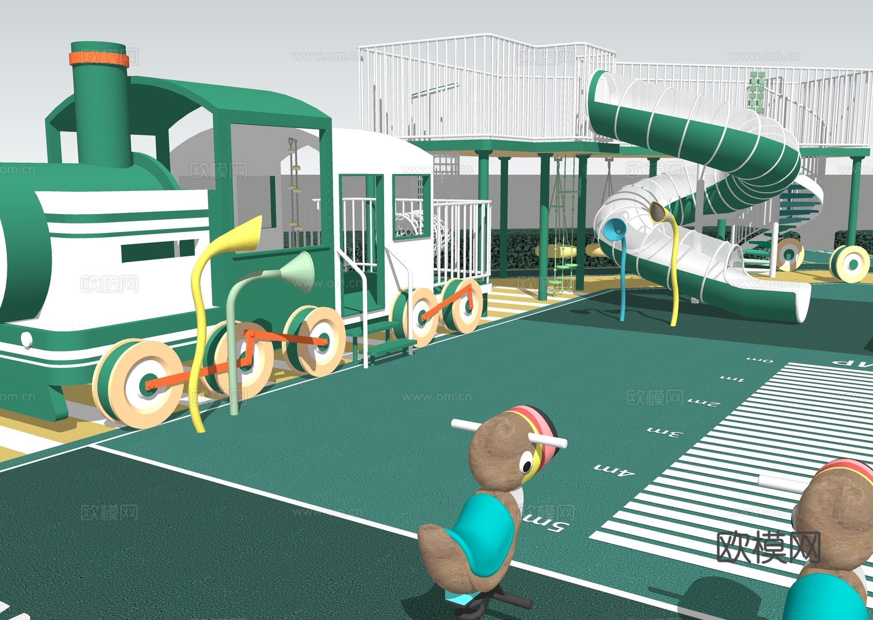 现代户外儿童游乐区 火车主题游乐场su模型
