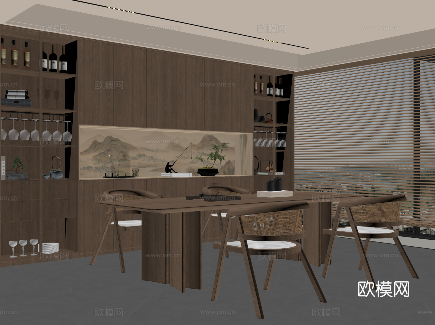 新中式餐厅 餐桌椅 酒柜su模型