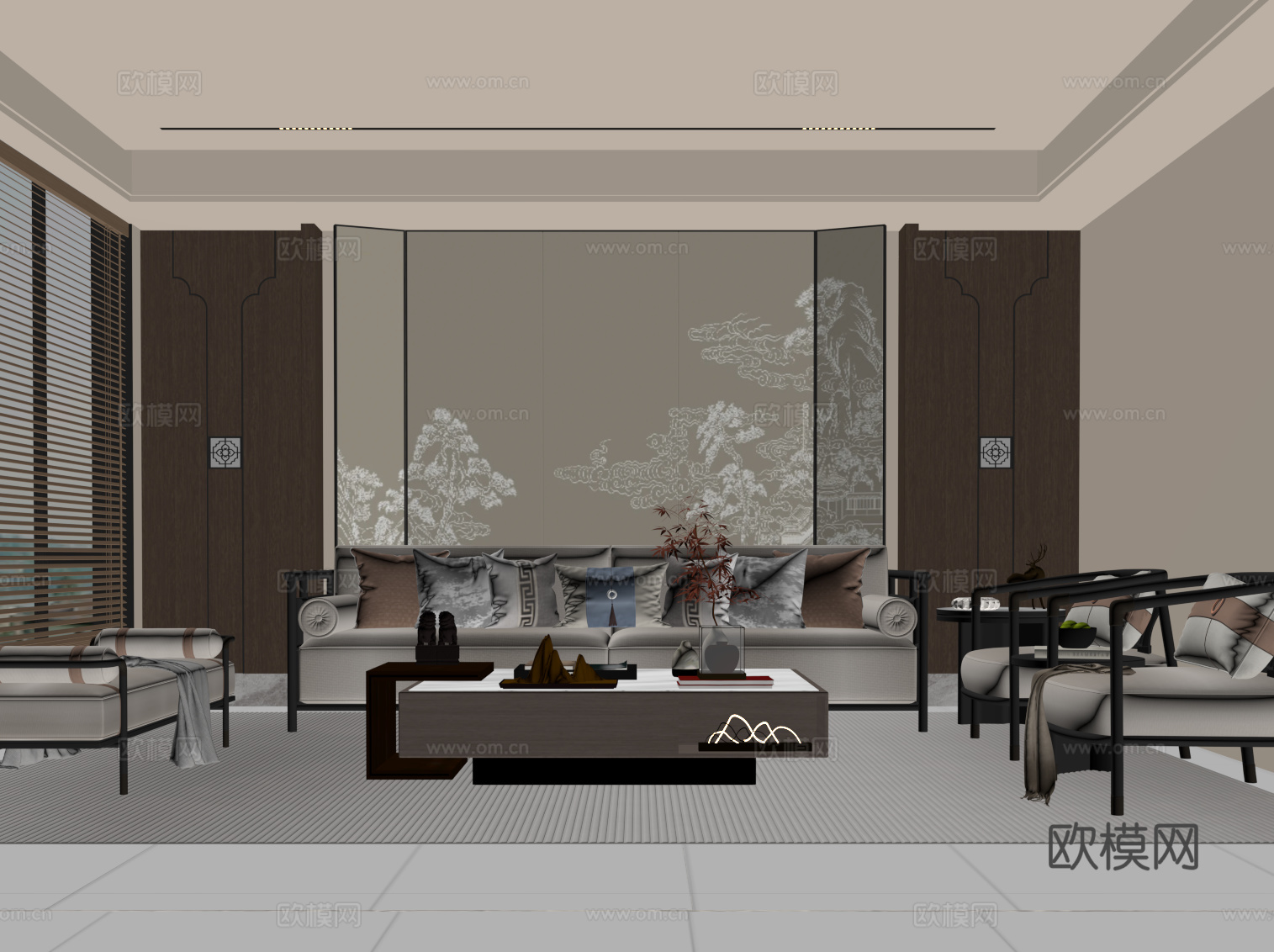 新中式客厅 沙发背景墙 沙发茶几组合su模型