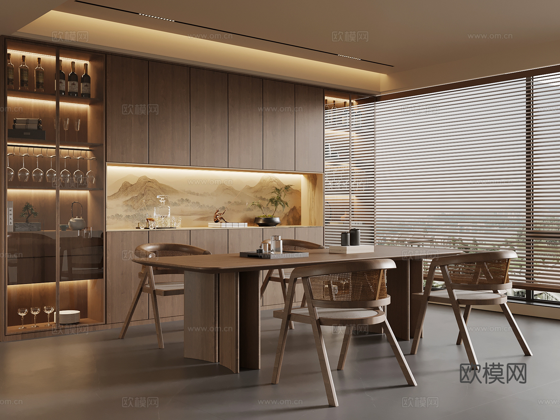 新中式餐厅 餐桌椅 酒柜su模型