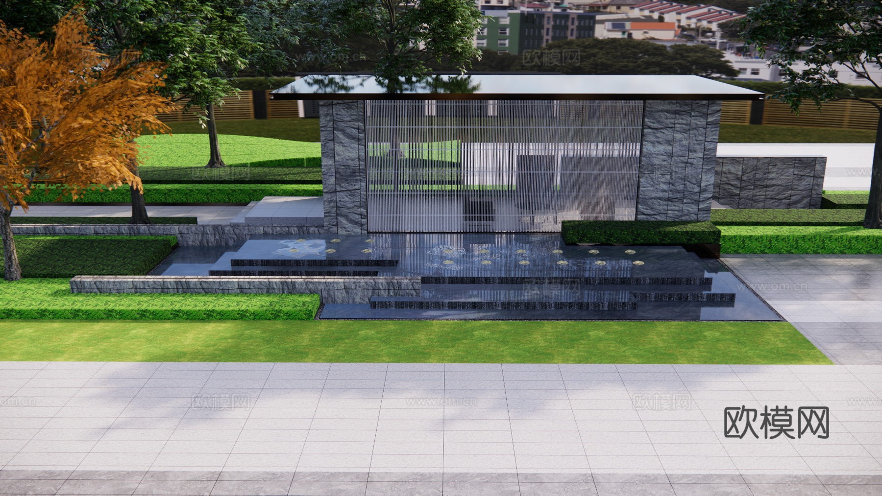 新中式廊架，跌水水景su模型