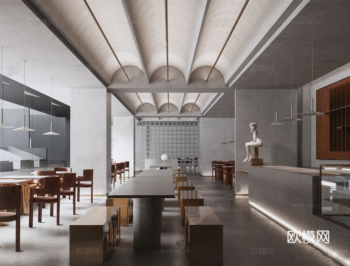 现代简约咖啡厅 餐桌椅组合su模型