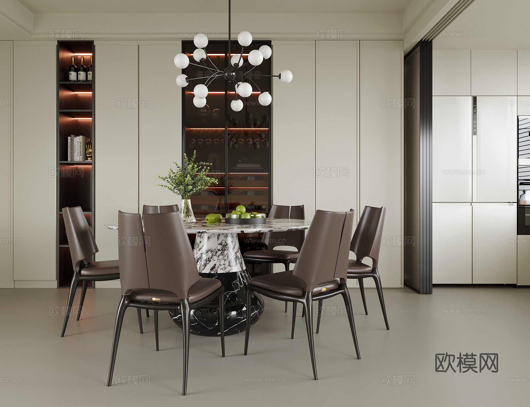现代餐厅 餐桌椅 酒柜 餐边柜 餐厅吊灯su模型