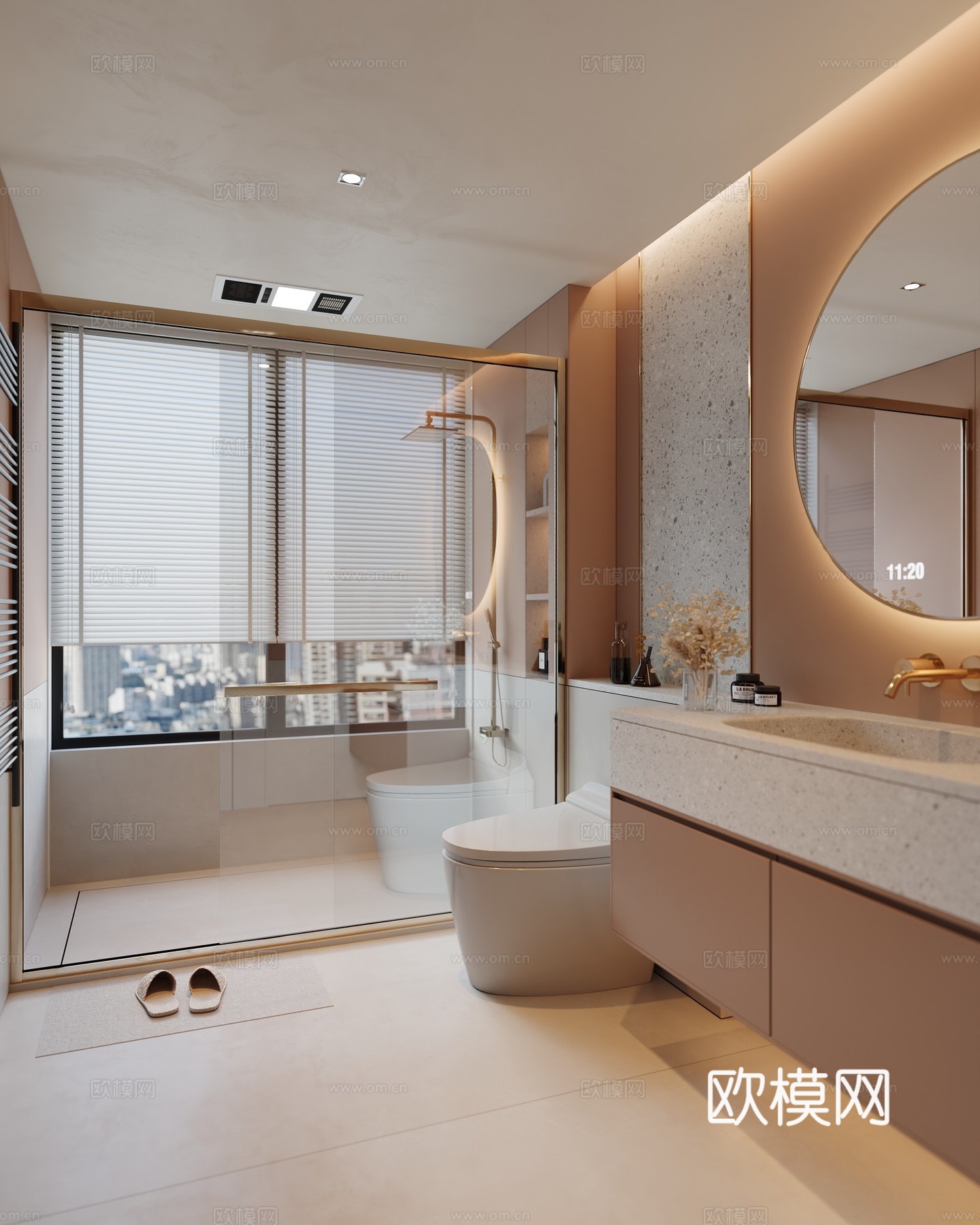 奶油风卫生间 马桶 花洒 洗手台 镜子 台盆柜su模型