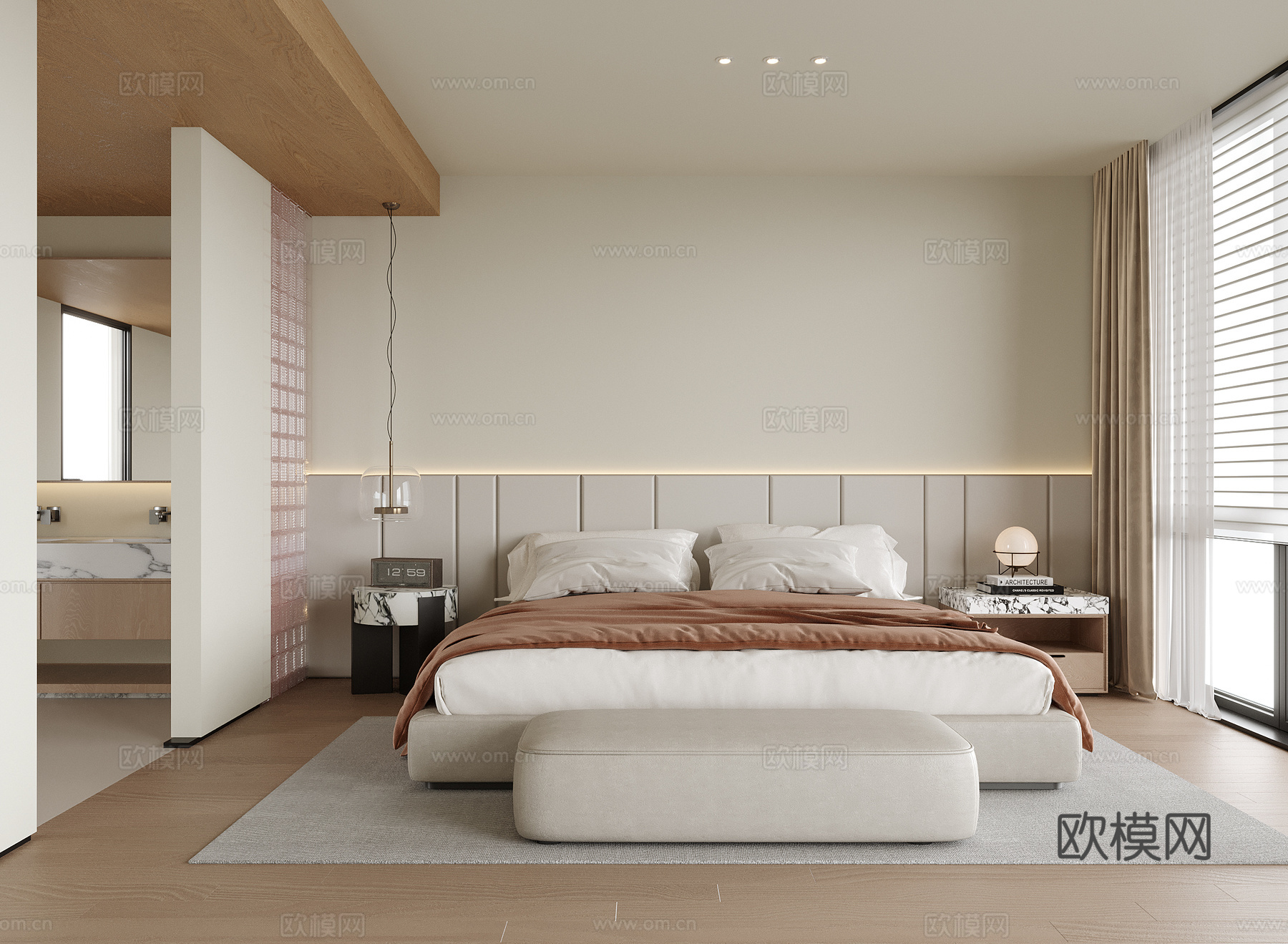 现代卧室 双人床 床头柜 床尾凳su模型