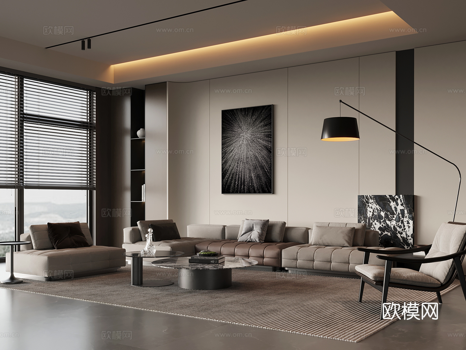 现代意式客厅 沙发背景墙 沙发茶几组合su模型