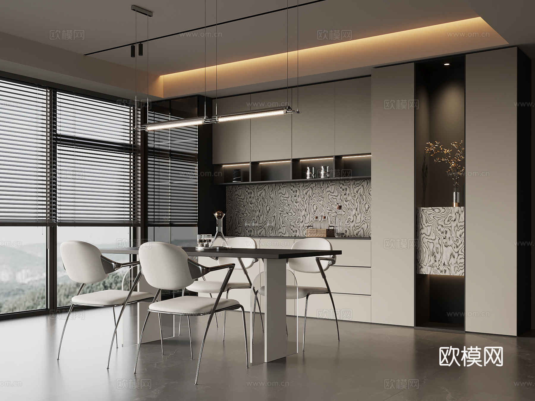 现代意式餐厅 酒柜 餐边柜 餐桌椅su模型