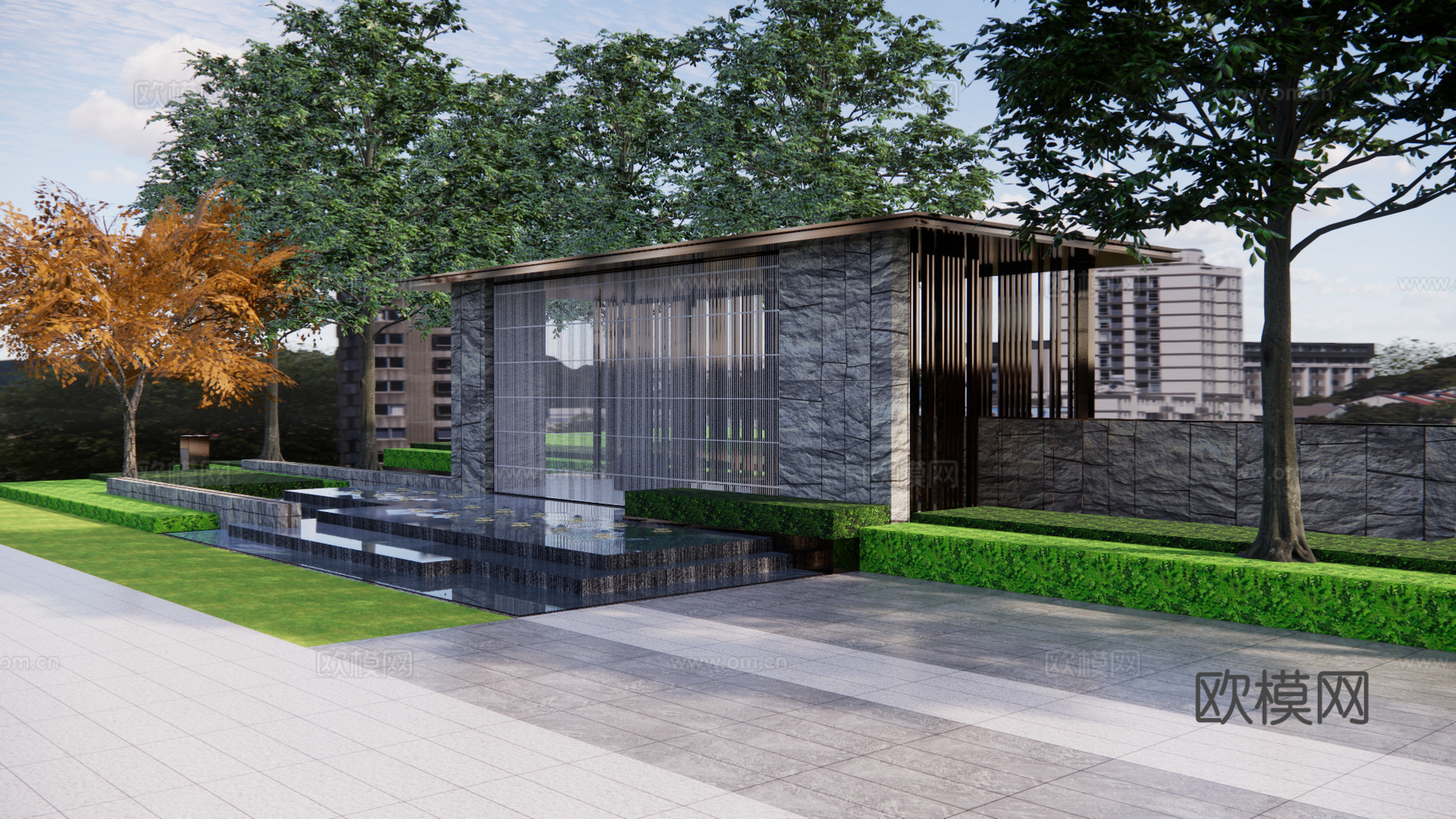 新中式廊架，跌水水景su模型