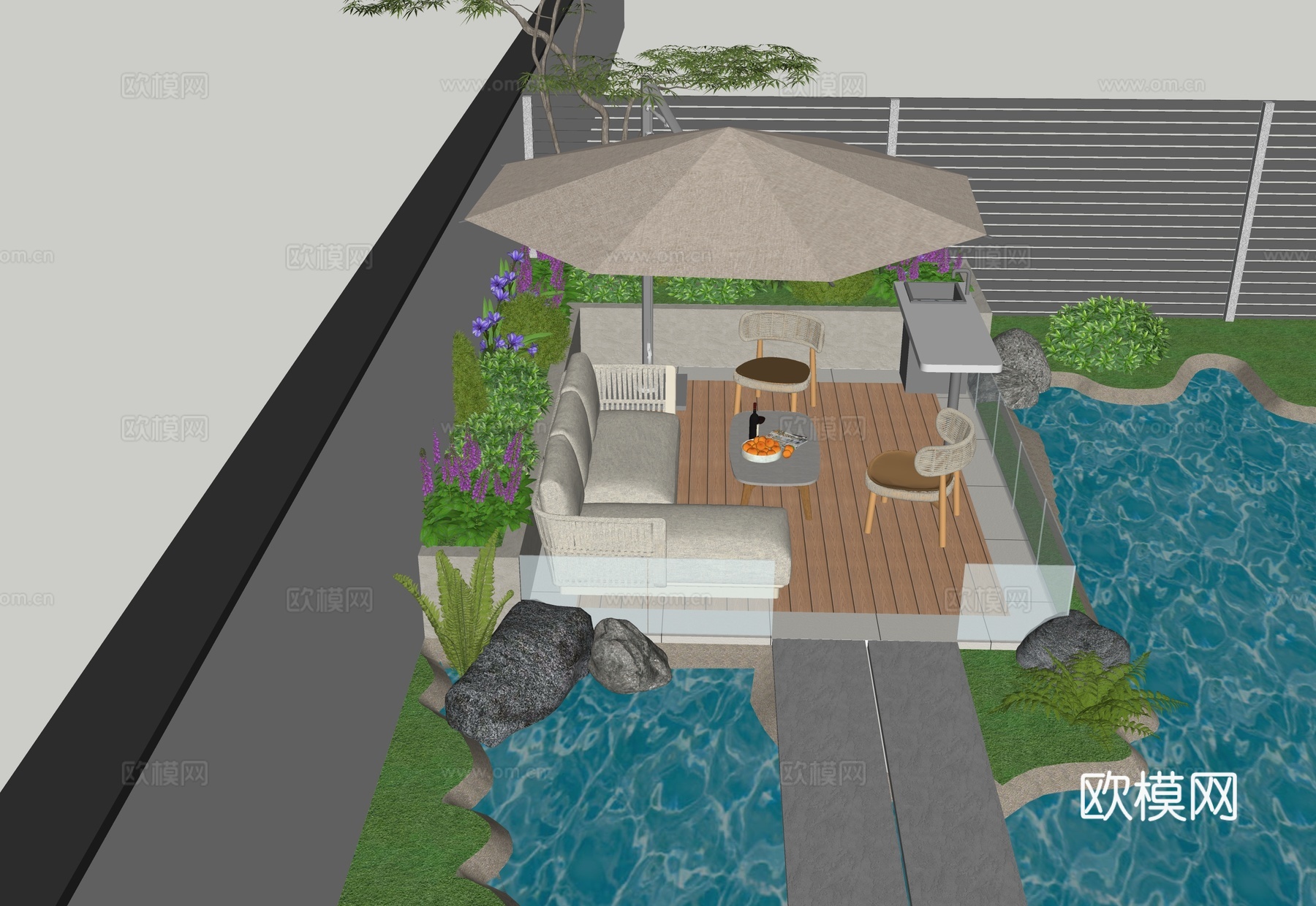 现代别墅庭院花园 鱼池水景 休闲平台 户外休闲转角沙发 茶几su模型