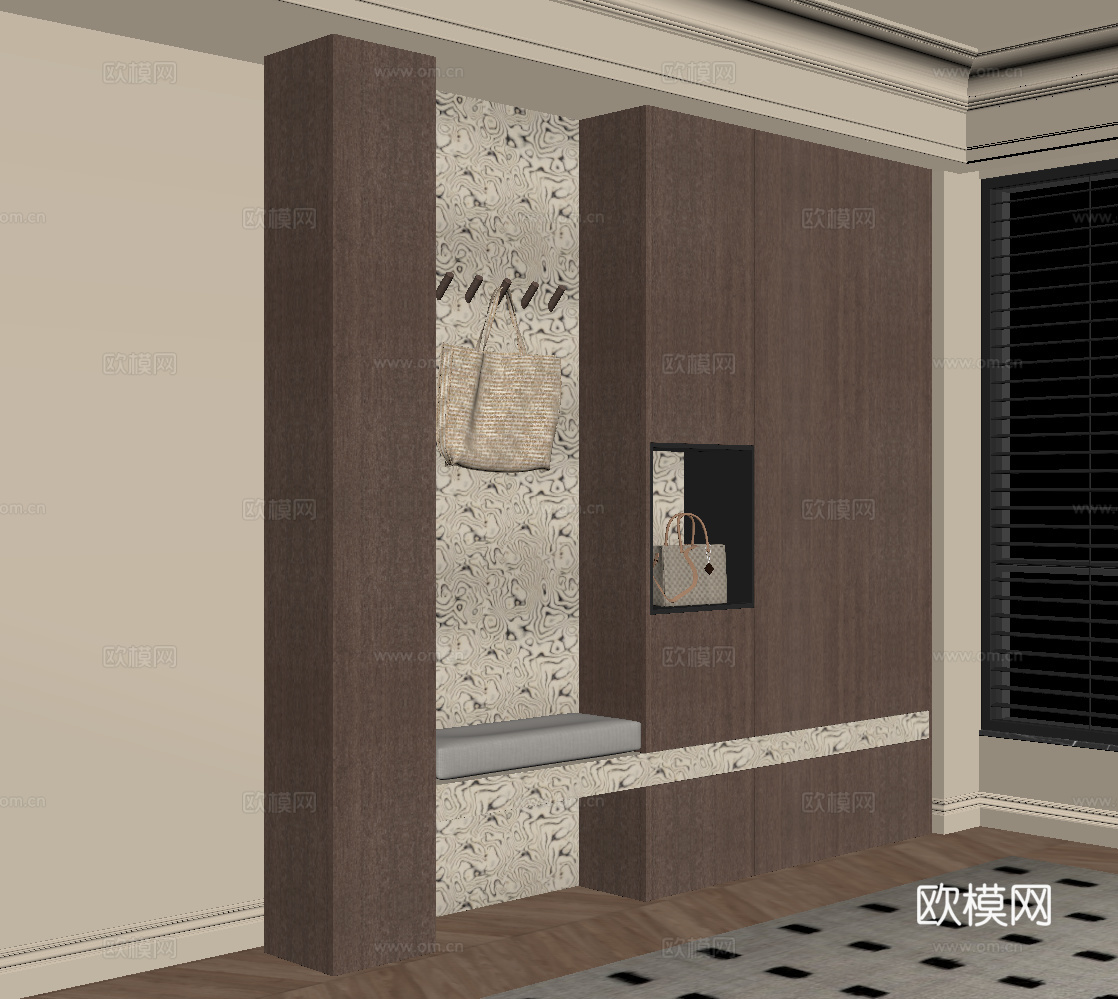现代中古风玄关柜 入户鞋柜su模型