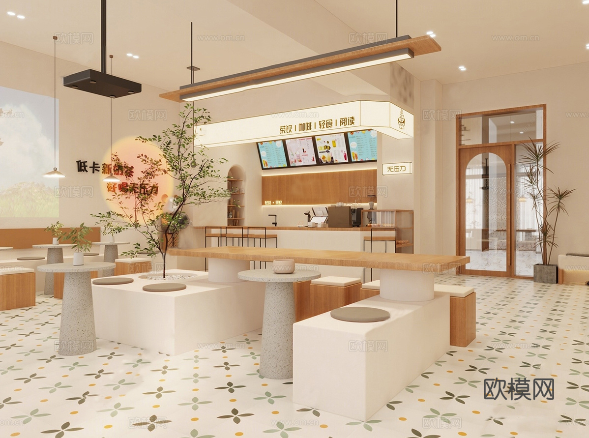 现代原木色咖啡厅su模型