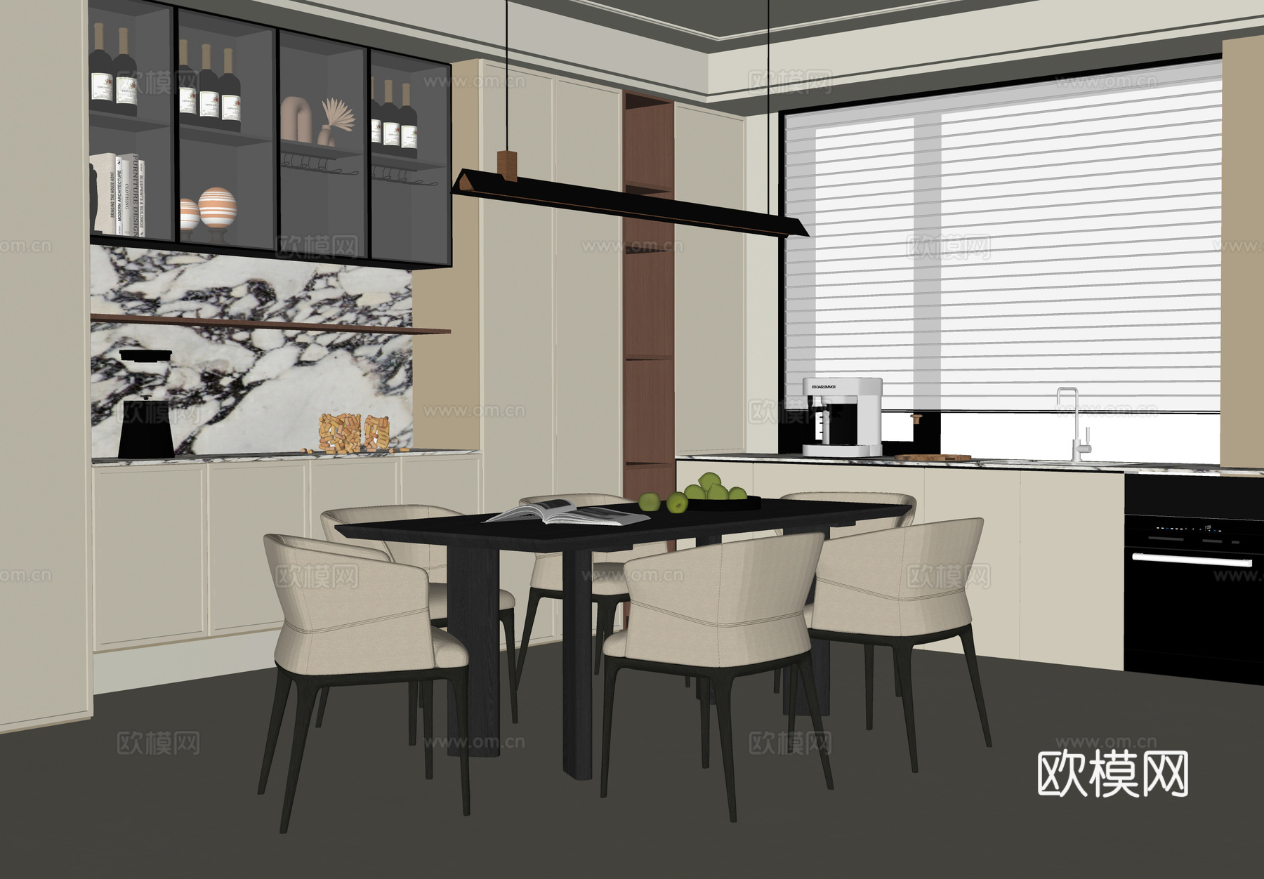 现代餐厅 餐桌椅 酒柜 餐边柜su模型
