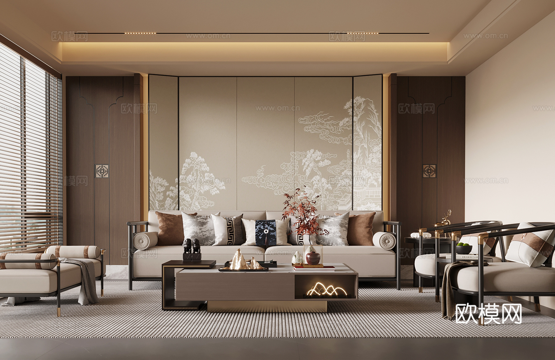 新中式客厅 沙发背景墙 沙发茶几组合su模型