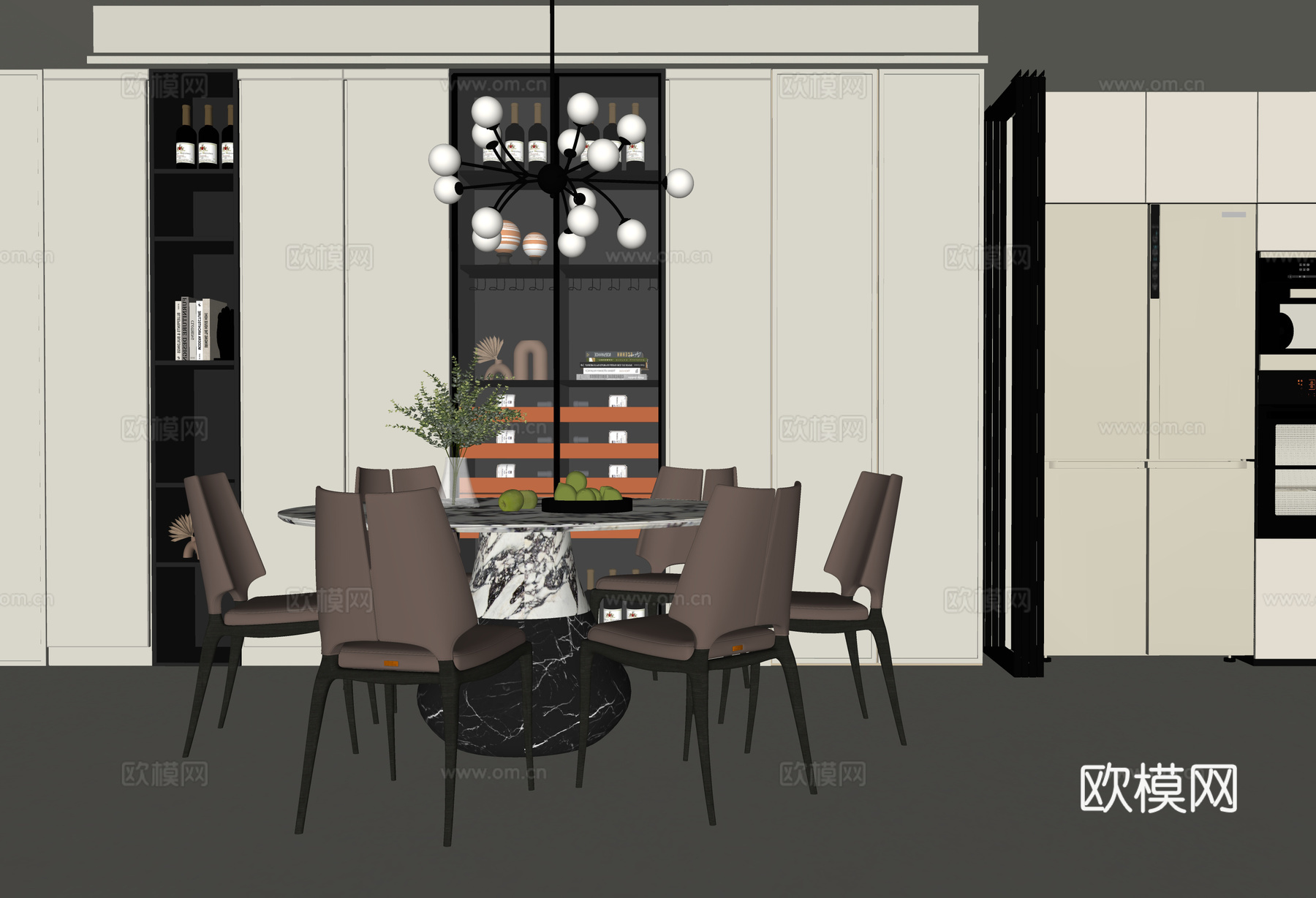 现代餐厅 餐桌椅 酒柜 餐边柜 餐厅吊灯su模型