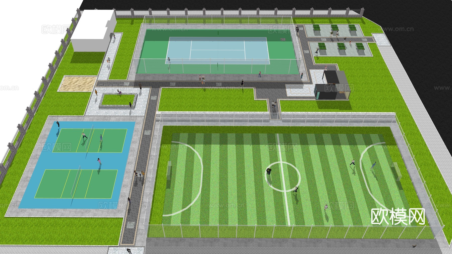 运动场，足球场，羽毛球场，网球场，乒乓球场su模型