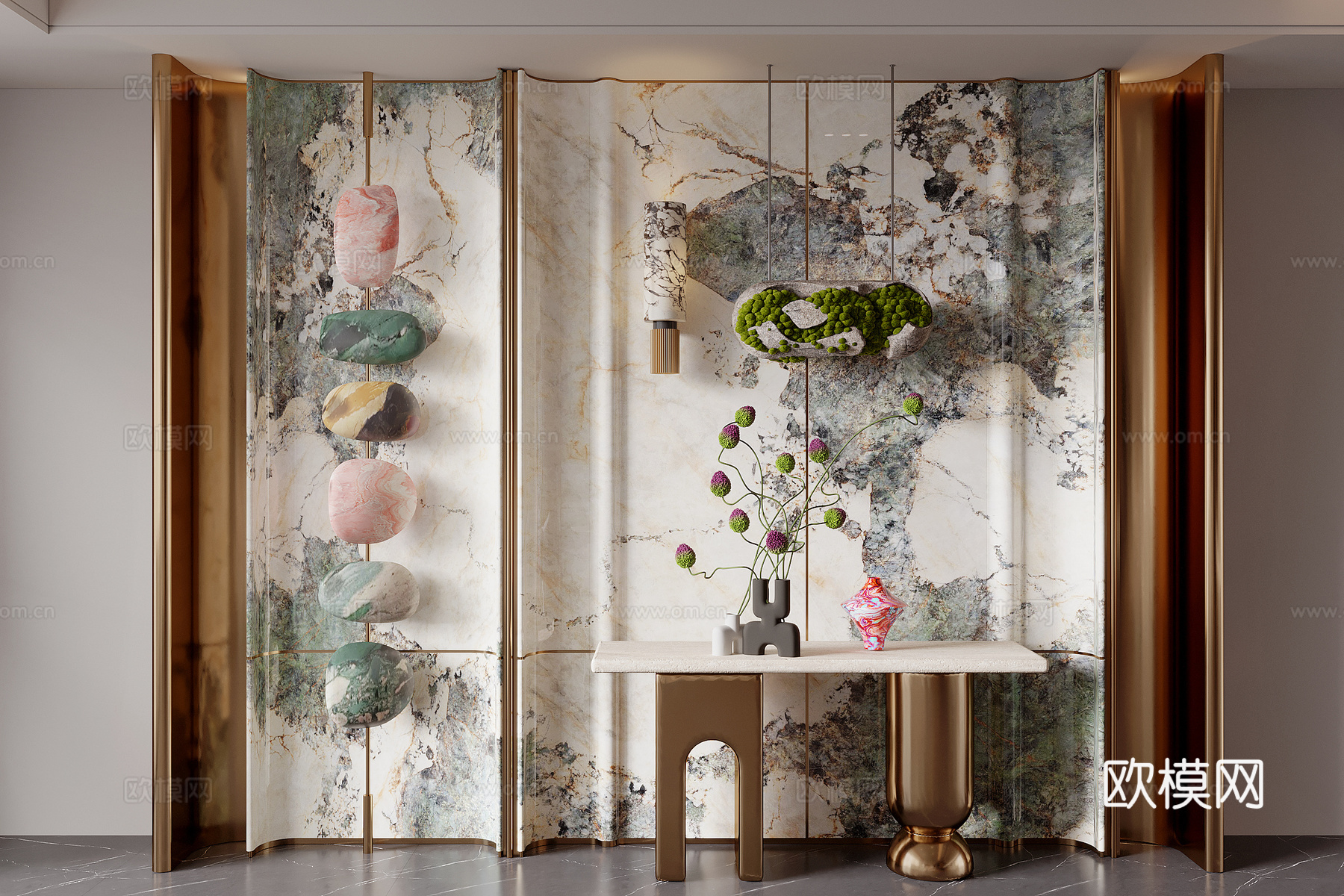 现代玄关背景墙 玄关过道 端景台 艺术装置 石头挂件 花瓶花su模型