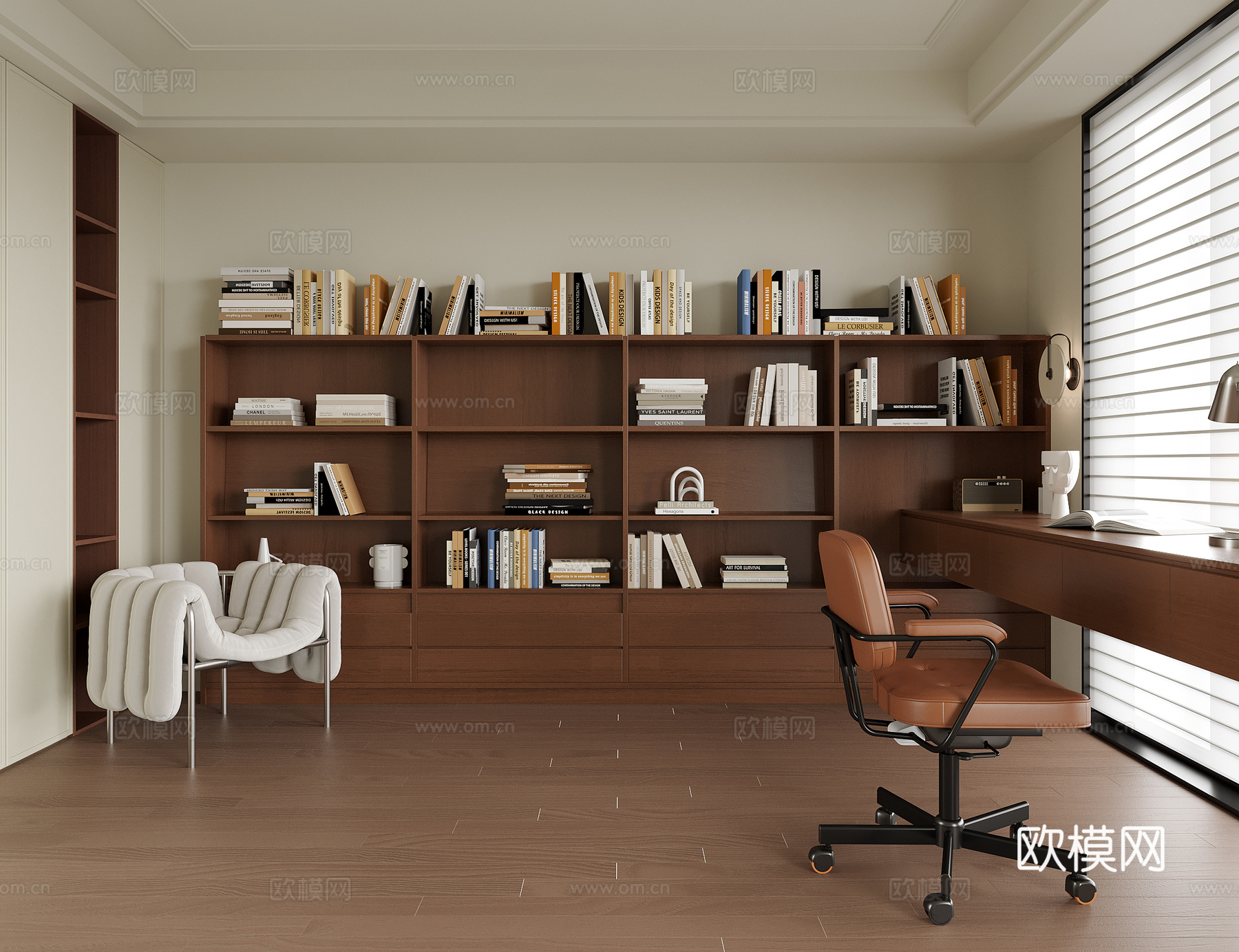 现代书房 书柜 书桌椅3d模型下载（渲染图1）