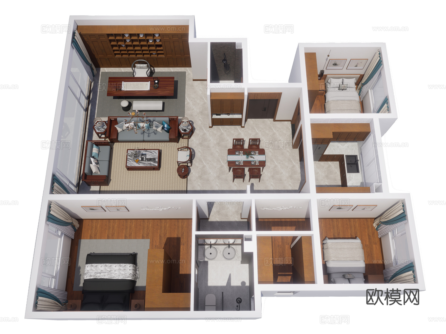 新中式家装鸟瞰 原木风格 大平层 鸟瞰图 新中式家装风格su模型
